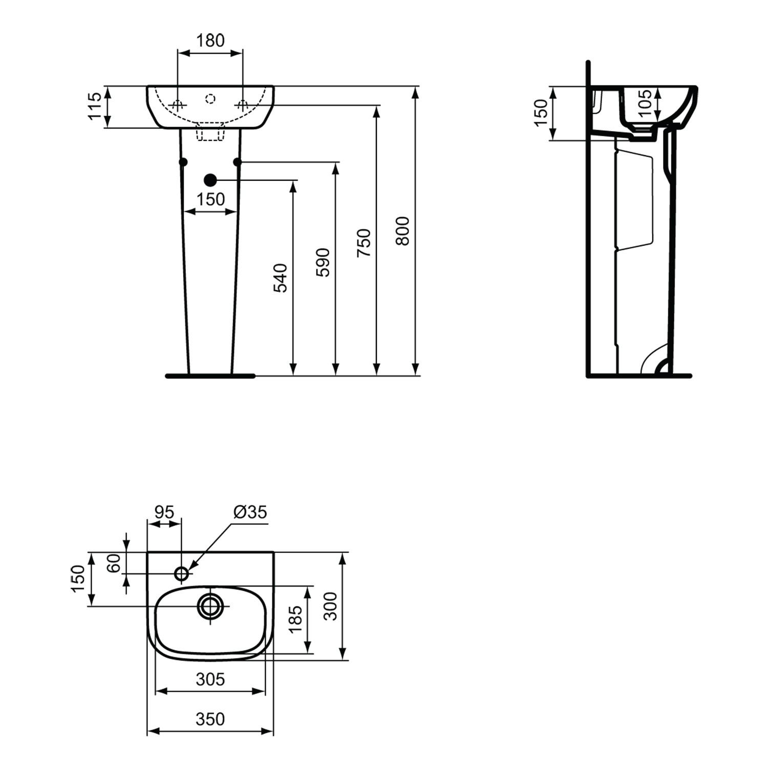 Ideal Standard i.life A 350mm Cloakroom Basin & Pedestal - Left or Right Hand Tap Hole
