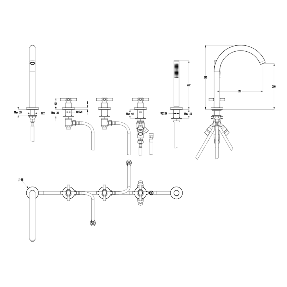 Crosswater Totti II 5 Hole Deck Mounted Bath Filler Tap with Shower Handset
