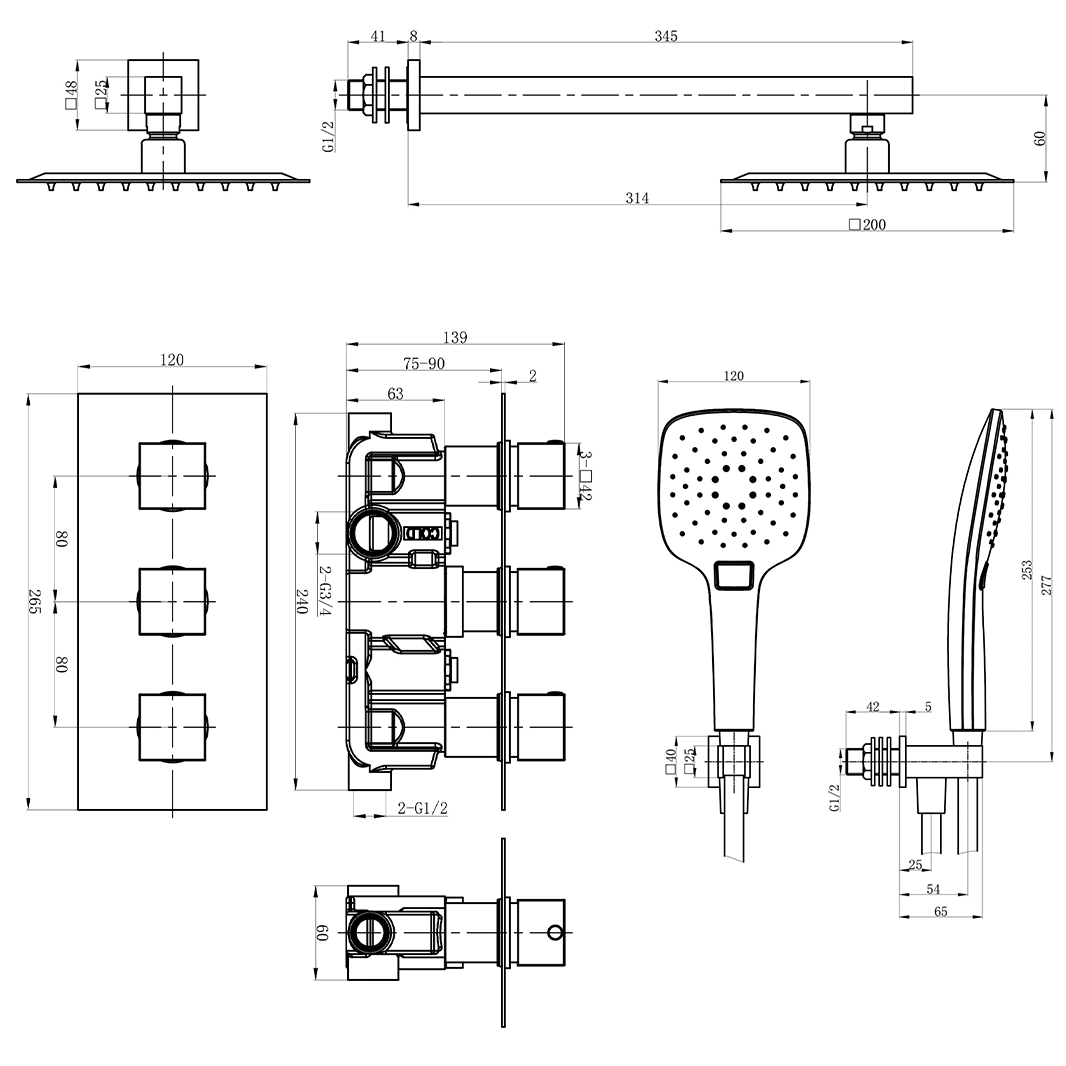 Drench Noir Matt Black Square Concealed Shower System with Fixed Head & Wall Mounted Shower Handset