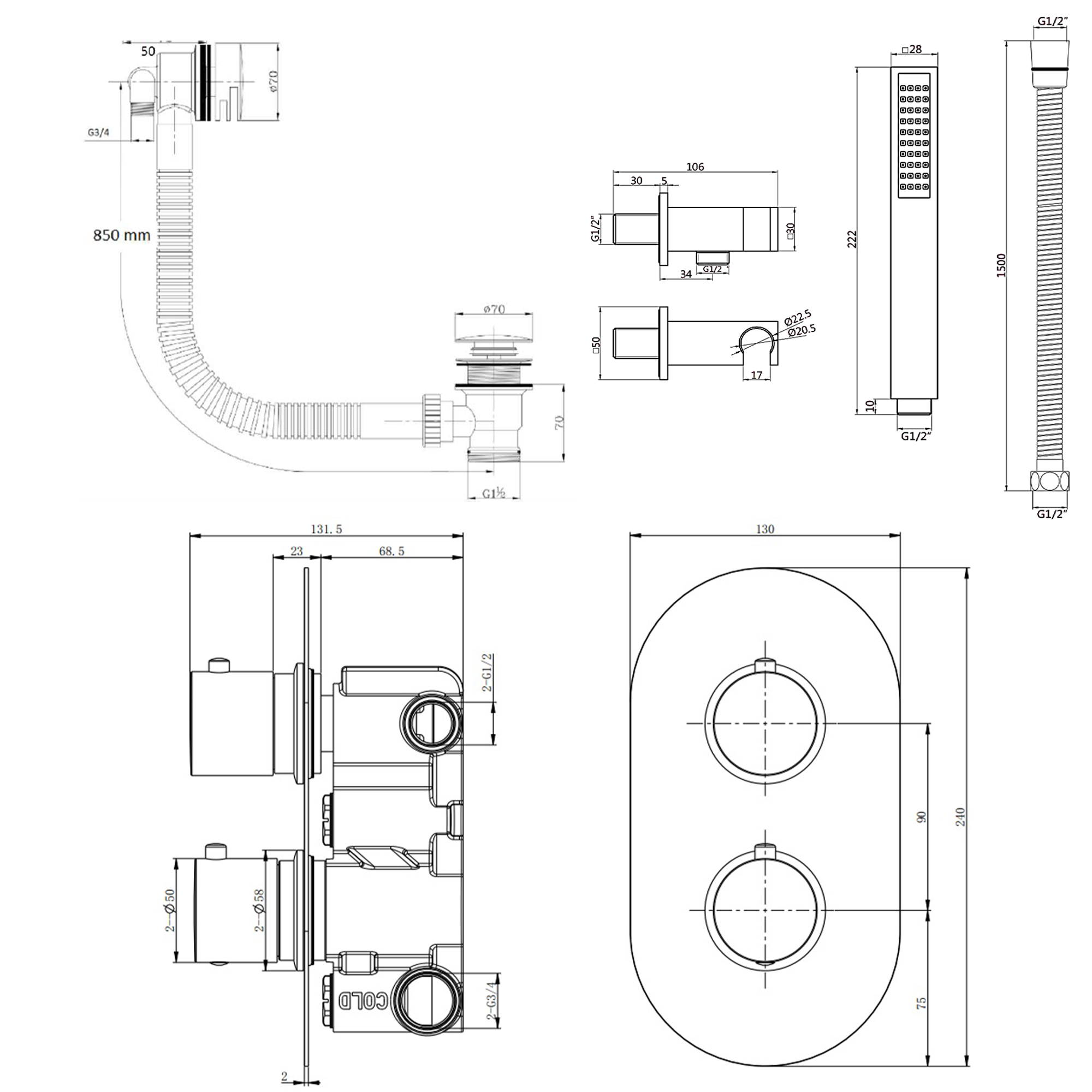Harbour Clarity Gunmetal Shower Package with 2 Outlet Valve, Wall Shower Kit and Overflow Bath Filler