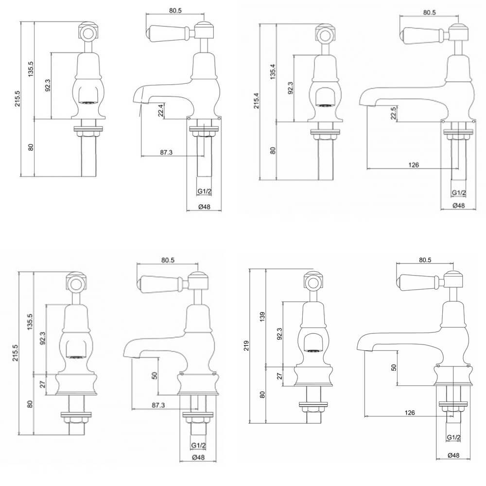 Burlington Kensington 3 or 5 Inch Basin Pillar Taps