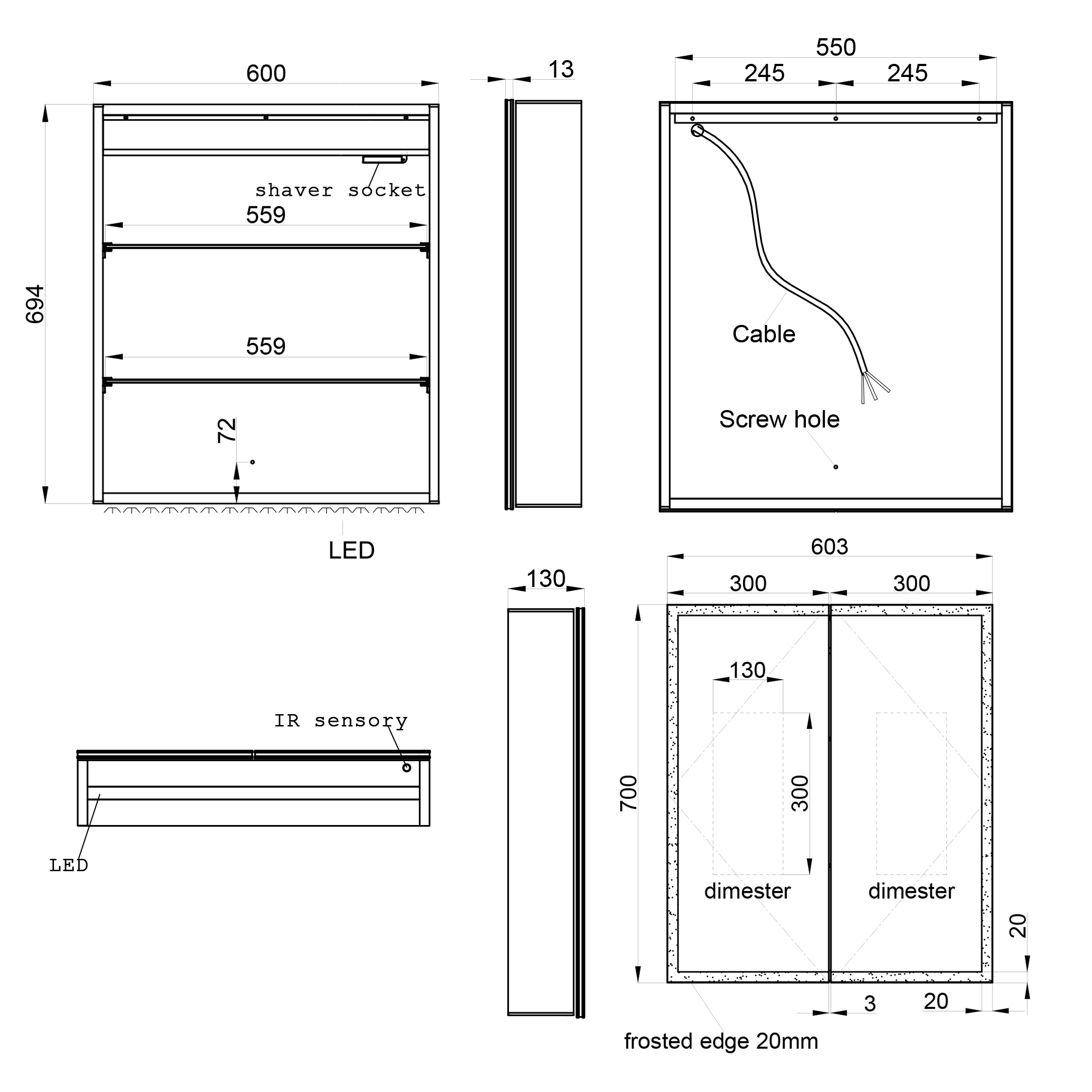 Harbour Glow LED Mirrored Cabinet with Demister Pad & Shaver Socket - 600 x 700mm
