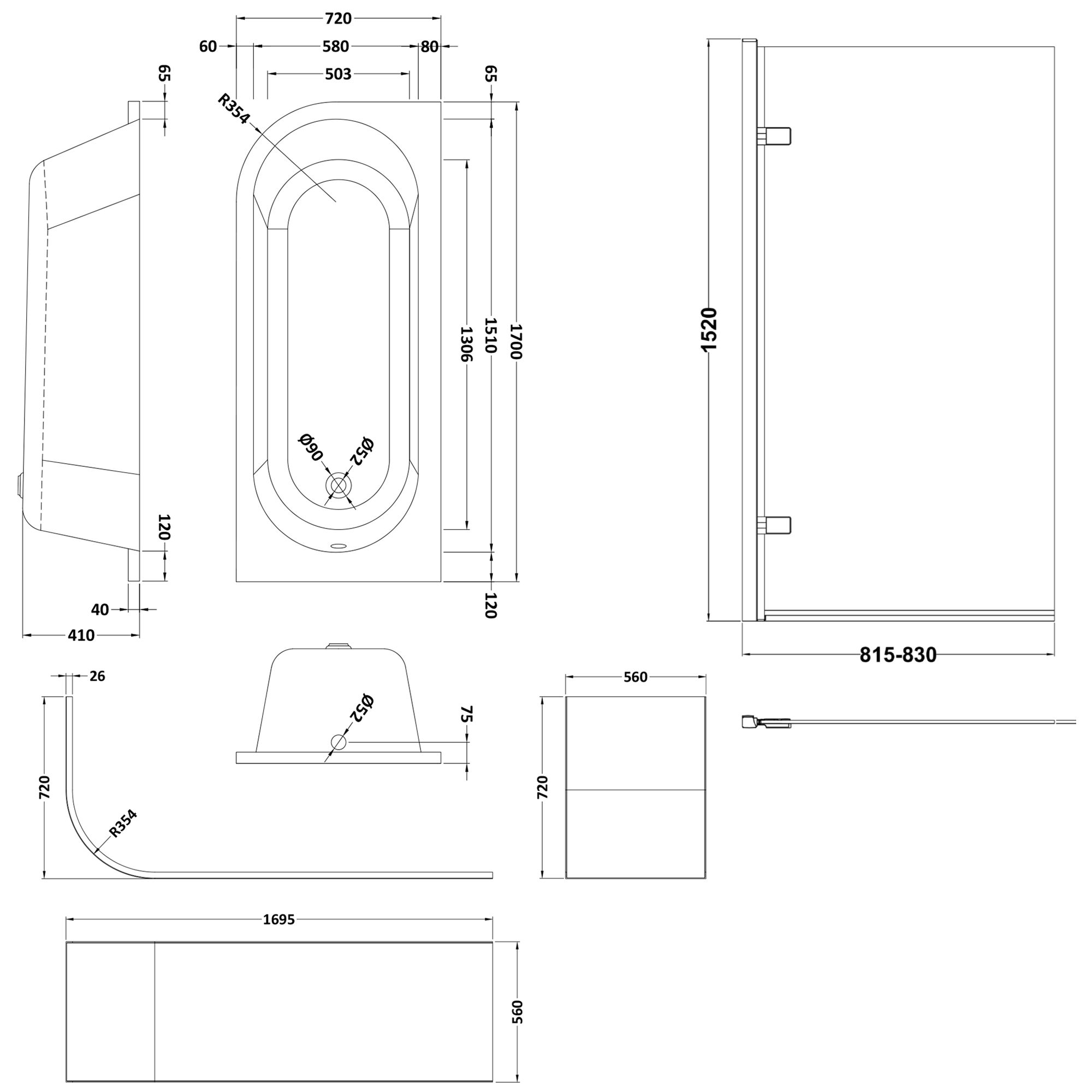 Drench J Shaped Shower Bath with Panel & Shower Screen - 1700mm