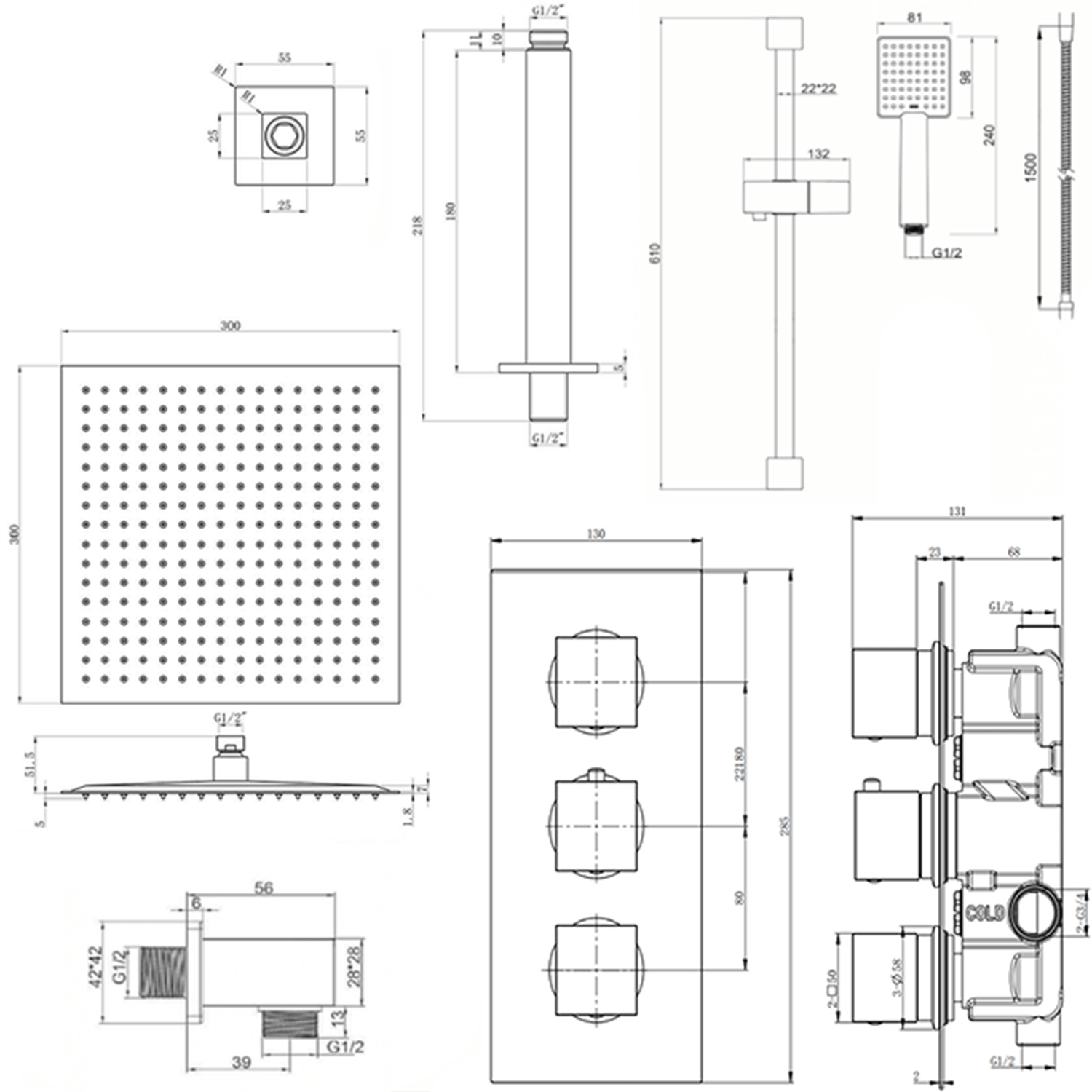 Harbour Status Concealed Shower Valve, Fixed Ceiling Mounted Head & Slide Rail Kit - Matt Black