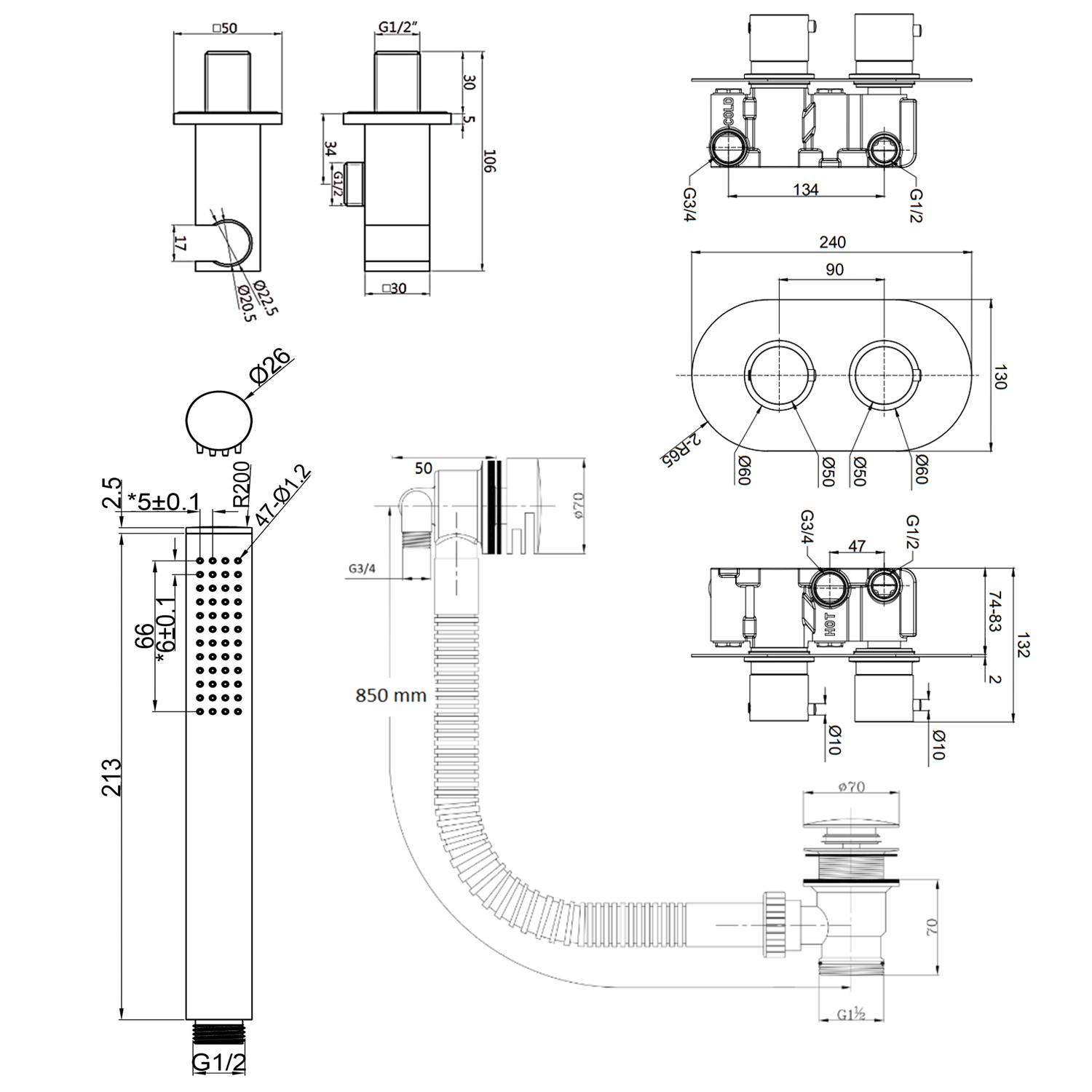 Harbour Clarity Brushed Brass Shower Package with 2 Outlet Valve, Wall Shower Kit and Overflow Bath Filler
