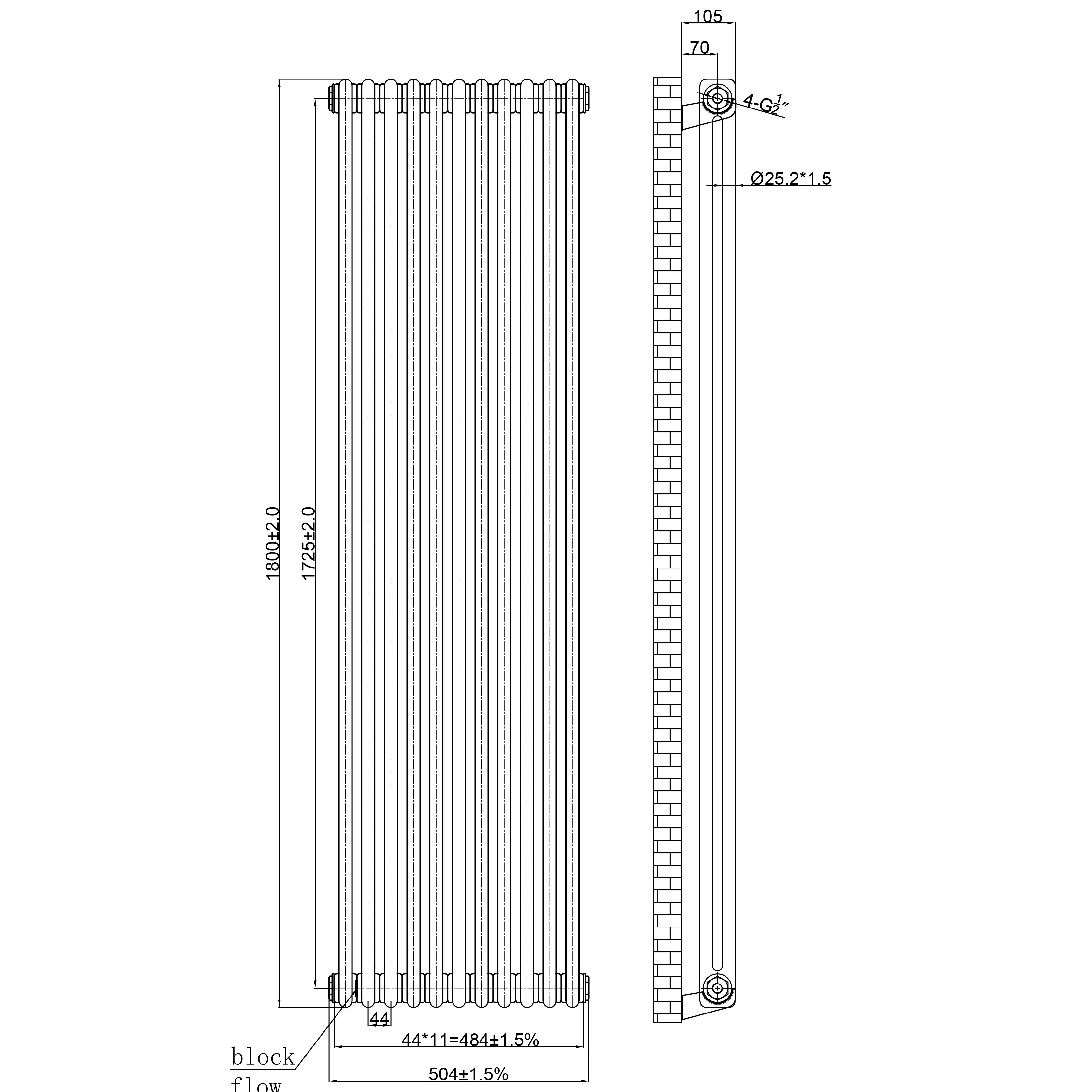 Butler & Rose Designer 2 Column Vertical Radiator - Raw Metal Finish - 1800mm Tall