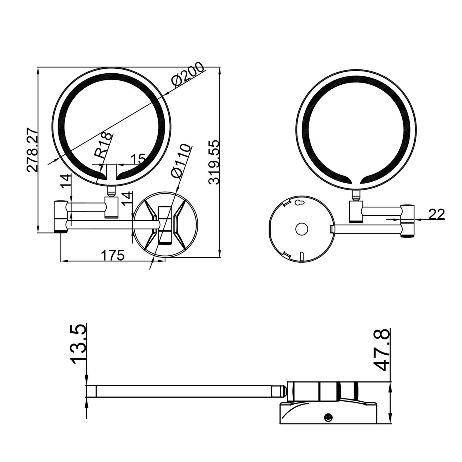 Vellamo LED Illuminated Round Magnifying Wall Mirror with Magnetic Pull Out Sensor - 200mm