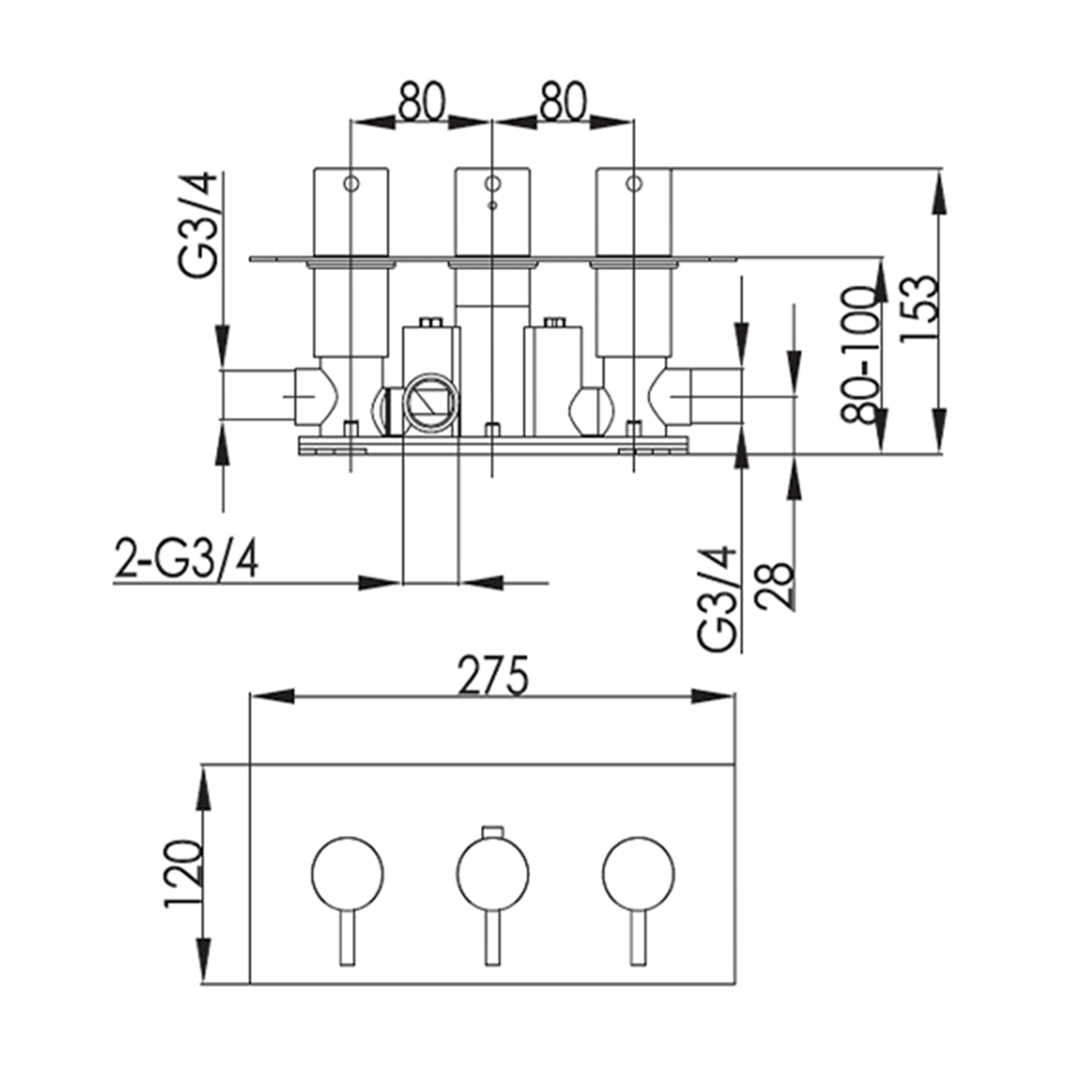 VOS 3 Outlet Horizontal Concealed Thermostatic Shower Valve with Designer Handles - Matt Black