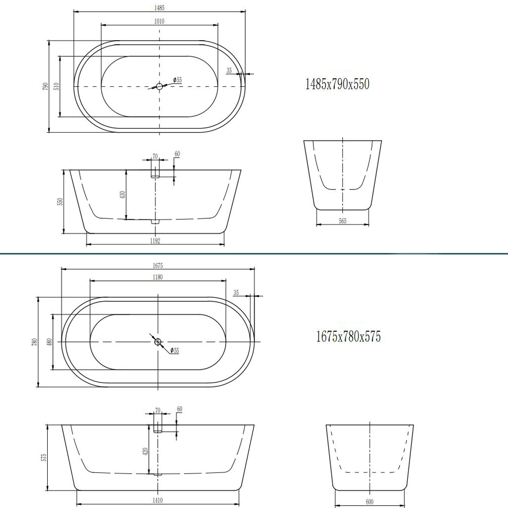 Sandra Freestanding White Acrylic Bath - 1485 x 790mm & 1675 x 780mm