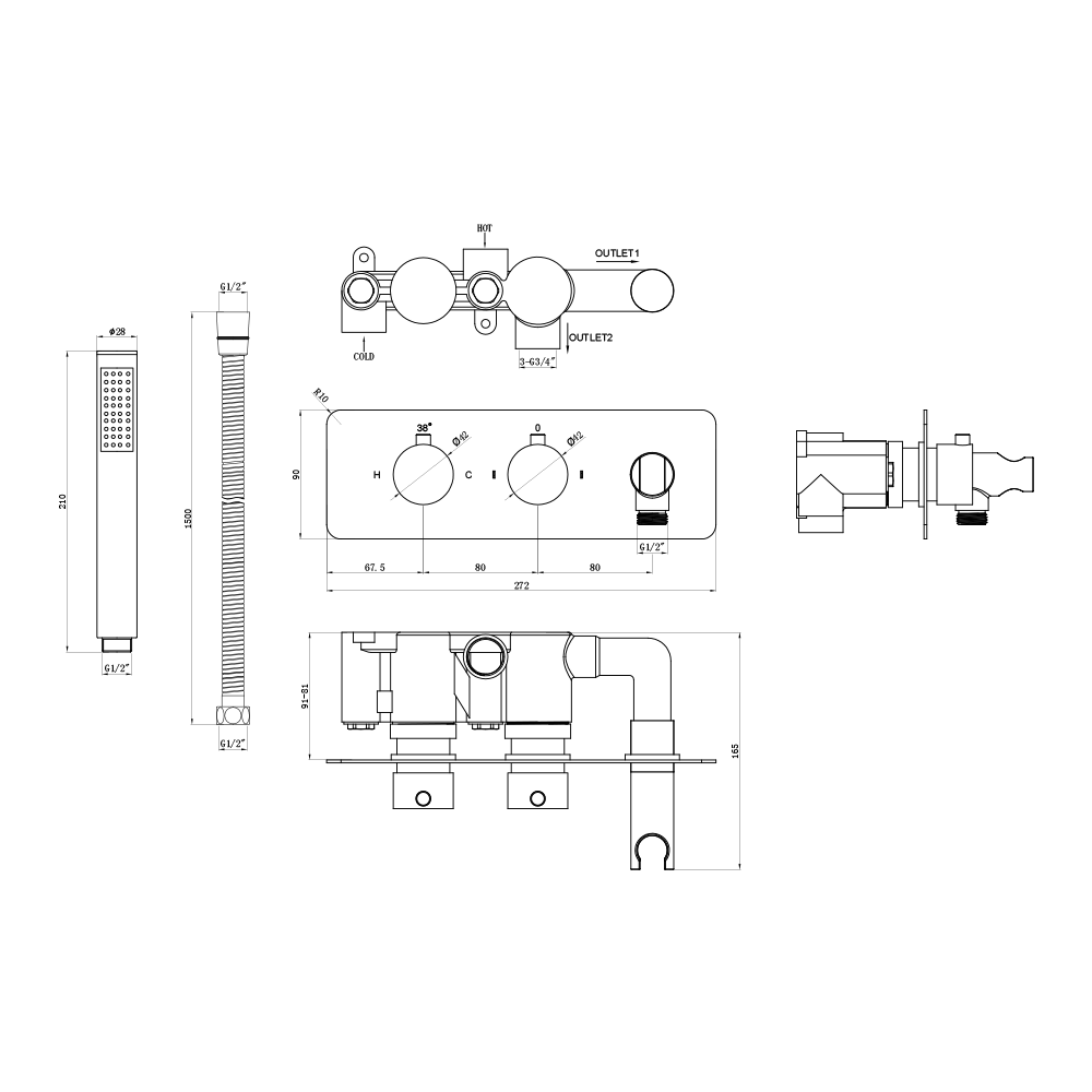 Vellamo Twist 2 Outlet Concealed Thermostatic Bath Shower Valve & Handset