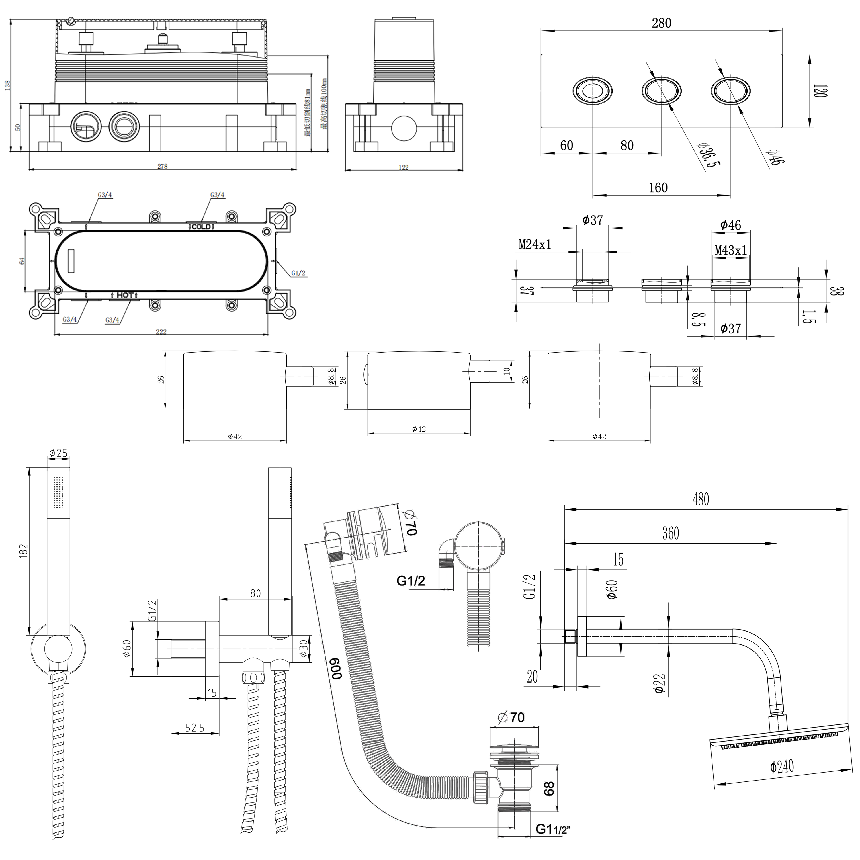 Core Shower Package with 3 Outlet Valve, Fixed Shower Head, Kit & Overflow Bath Filler