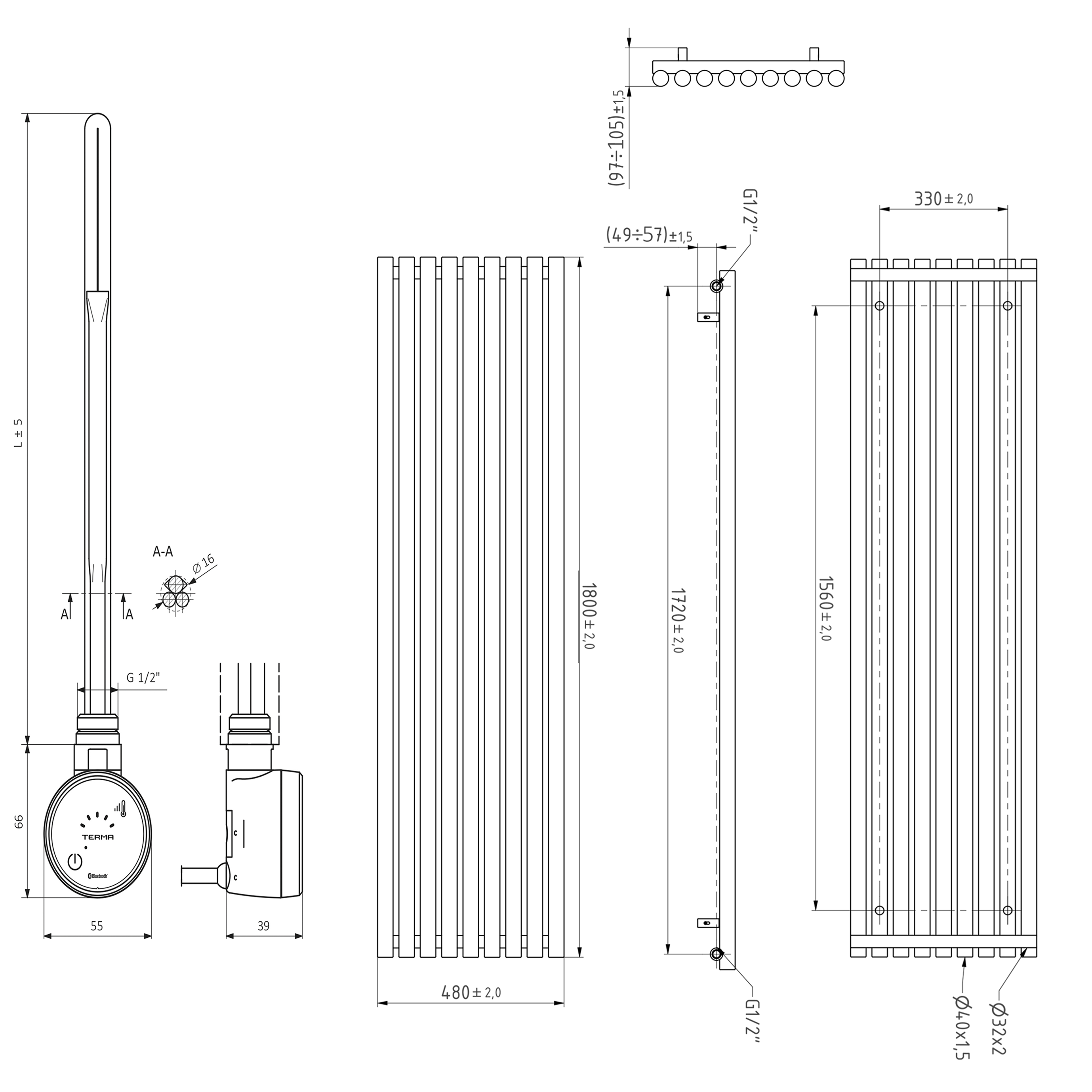 Terma Rolo Room E Single Panel Electric Radiator with MOA Blue Heating Element