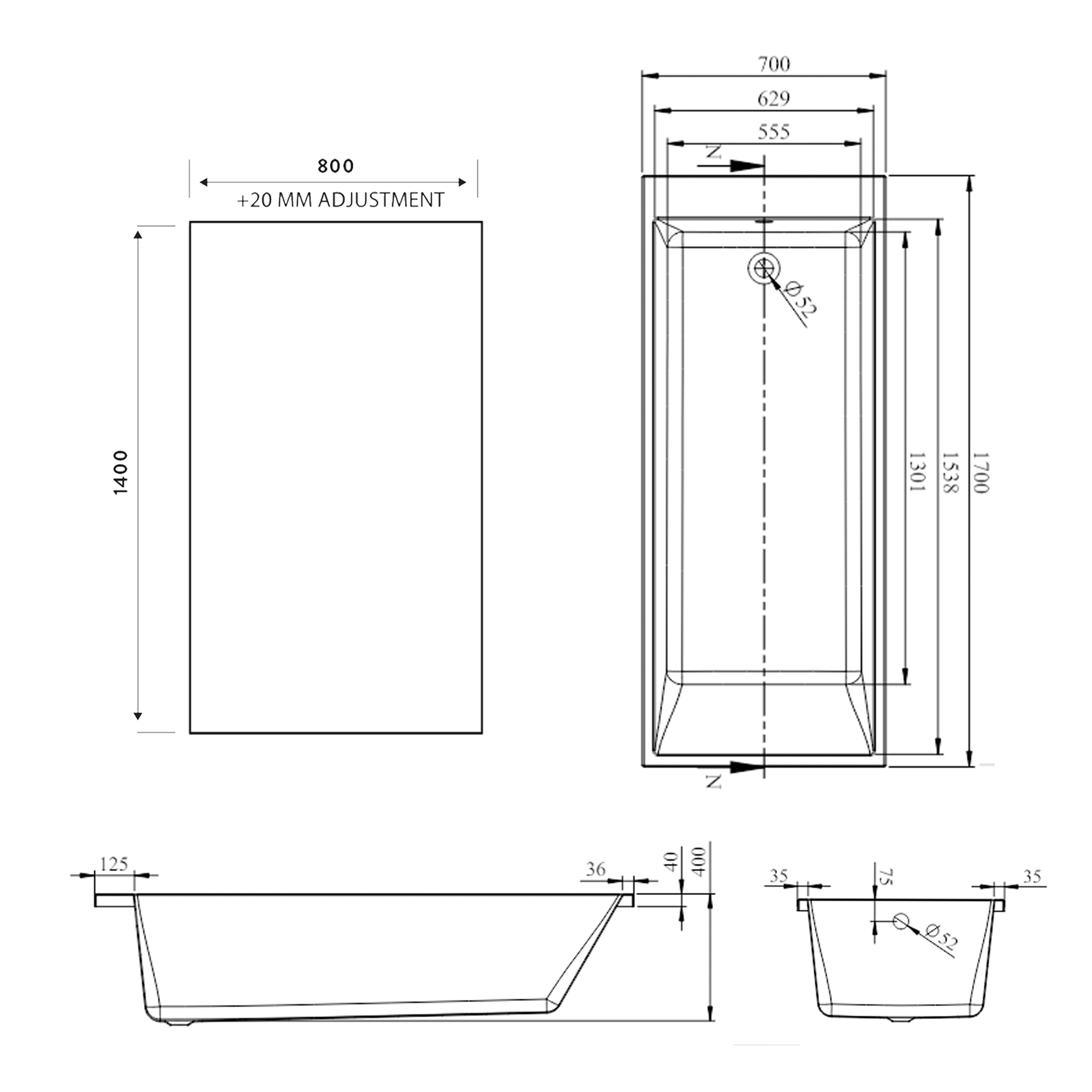 Armourcast Reinforced Slim Edge Square Single Ended Bath with Shower Screen - 1700mm