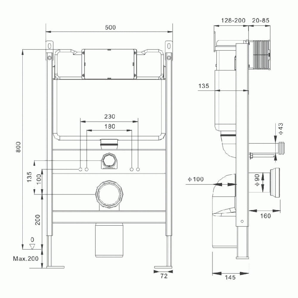 Imex Reduced Height Wall Hung Toilet Frame System with Front Mounted Dual Flush Plate