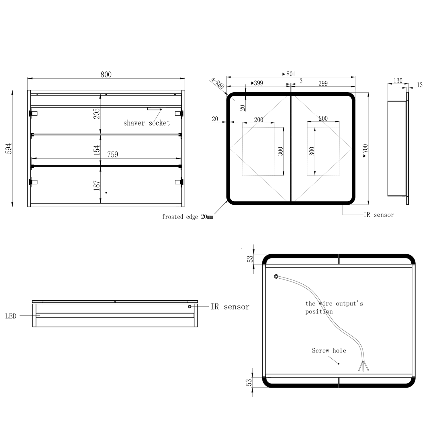Harbour Design LED Mirrored Cabinet with Demister Pad & Shaver Socket - 800 x 700mm
