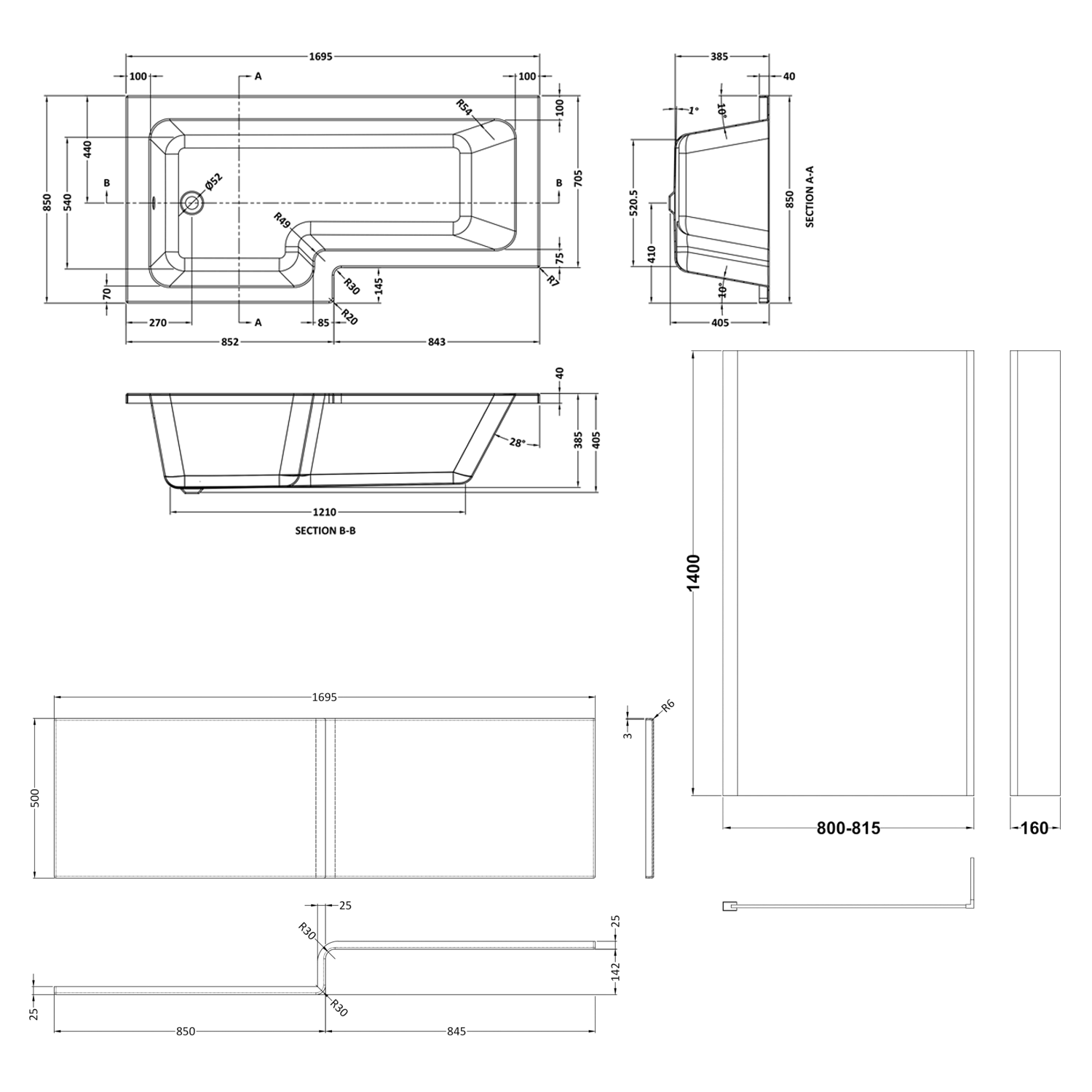 Drench L Shaped Shower Bath with Brushed Brass Shower Screen & Panel - 1700mm