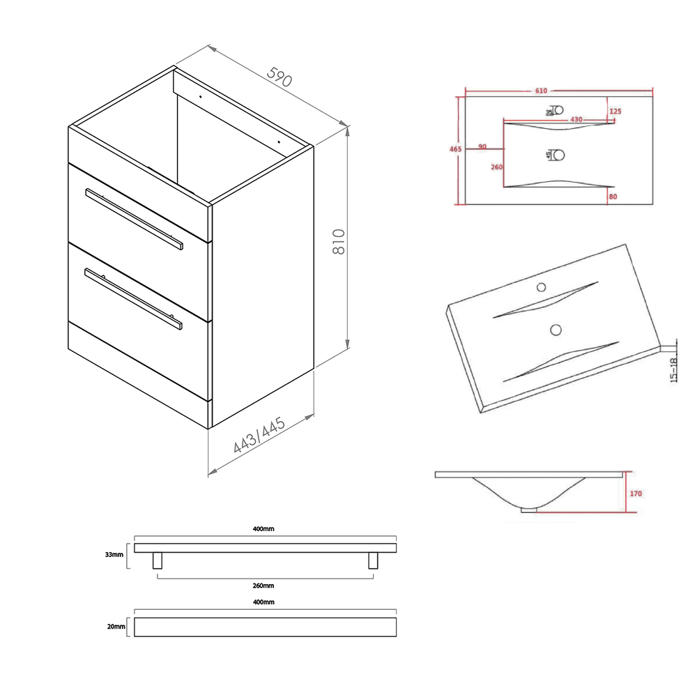 Vellamo Aspire 600mm Floorstanding 2 Drawer Vanity Unit & Ceramic Basin with Matt Black Handles & Overflow Cover - Gloss White