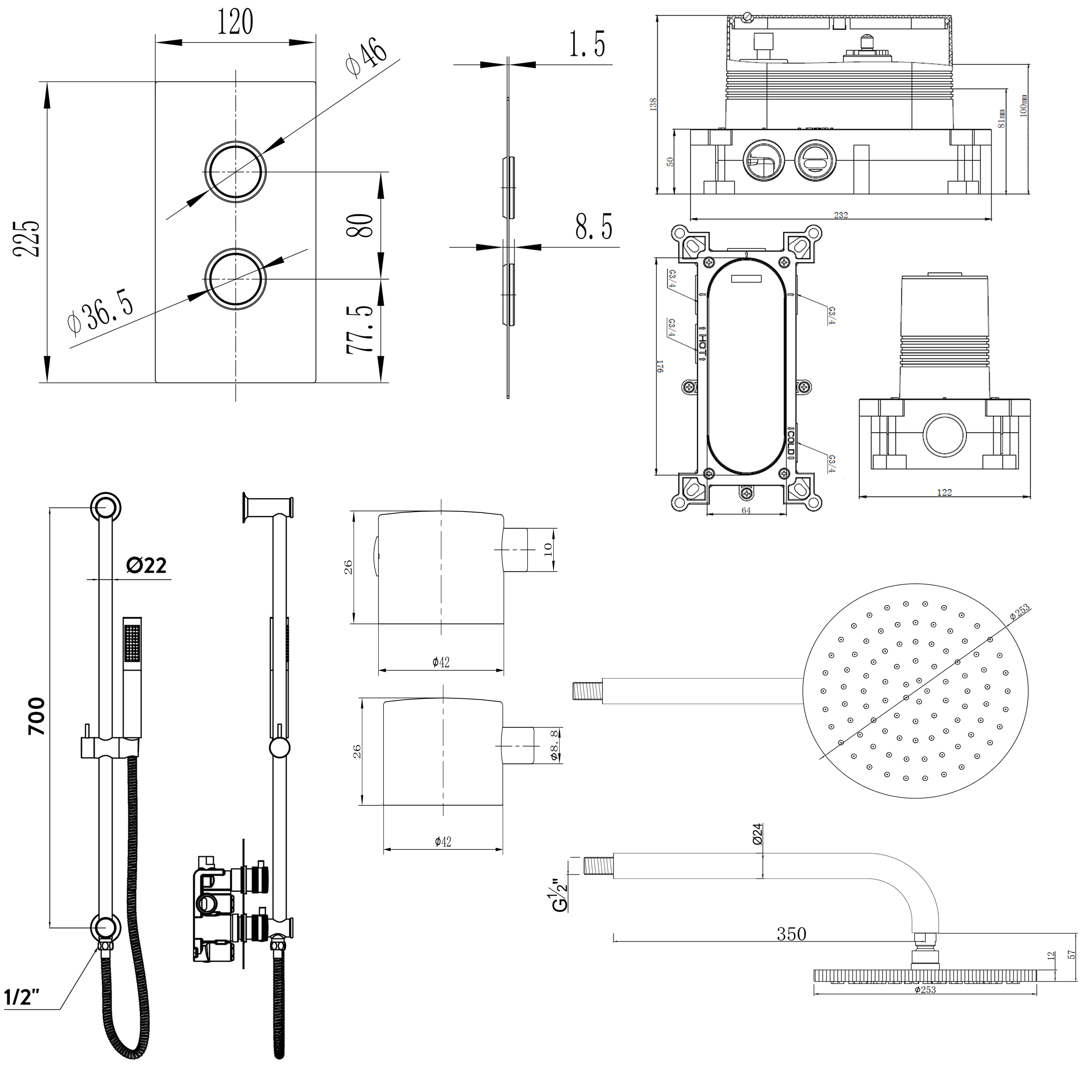 Core Concealed Thermostatic Valve, Fixed Head & Shower Rail Kit