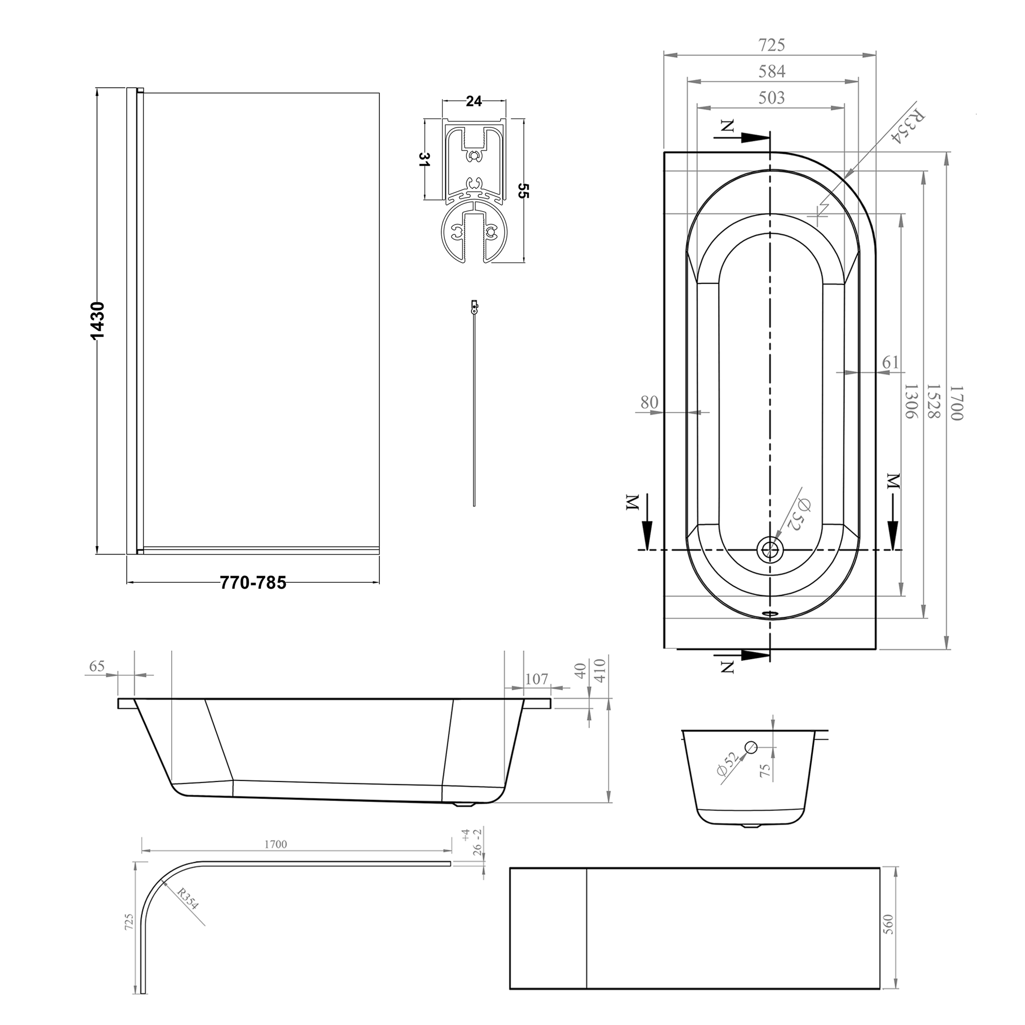 Armourcast Reinforced J Shaped Shower Bath with Panel & Shower Screen - 1700mm
