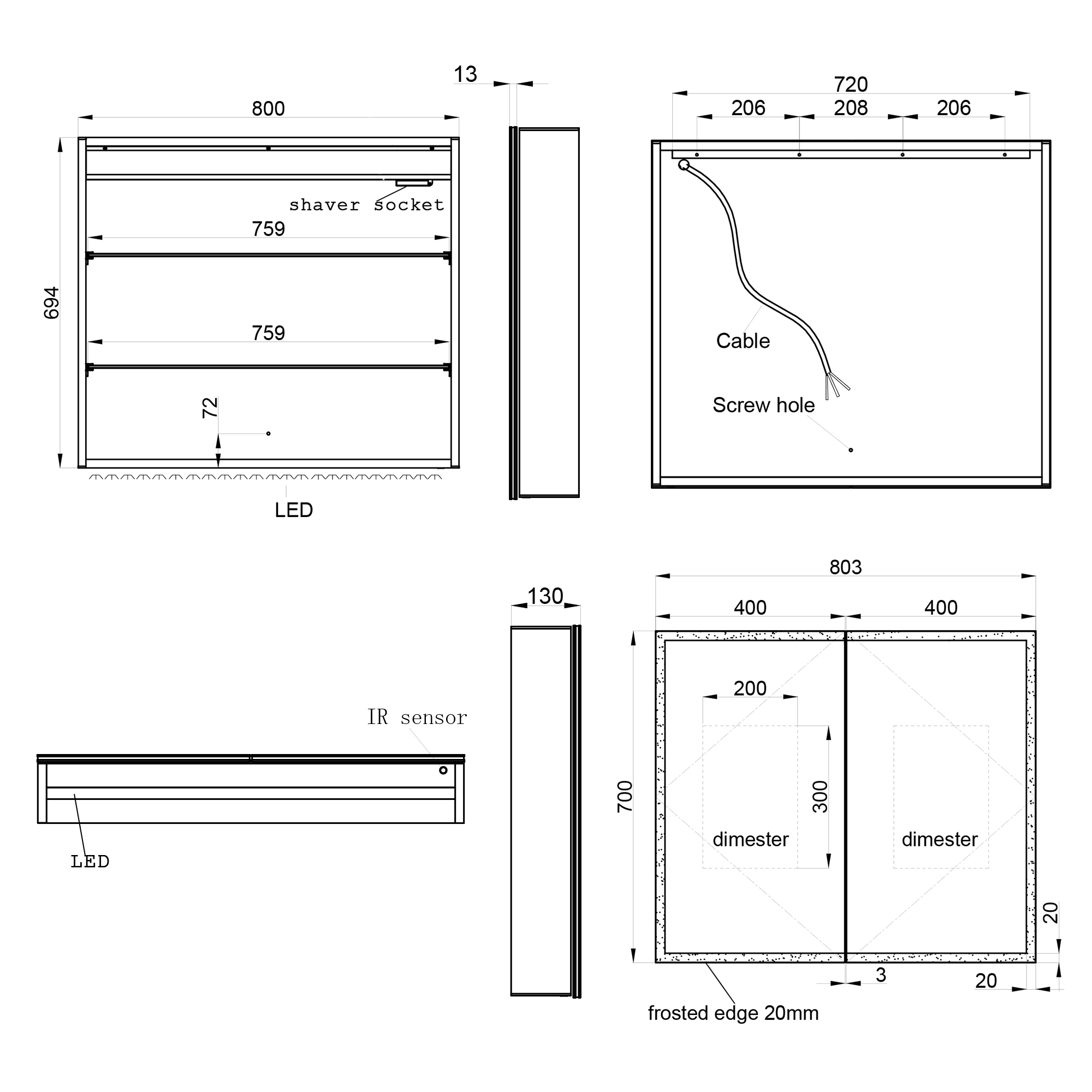 Harbour Glow LED Mirrored Cabinet with Demister Pad & Shaver Socket - 800 x 700mm