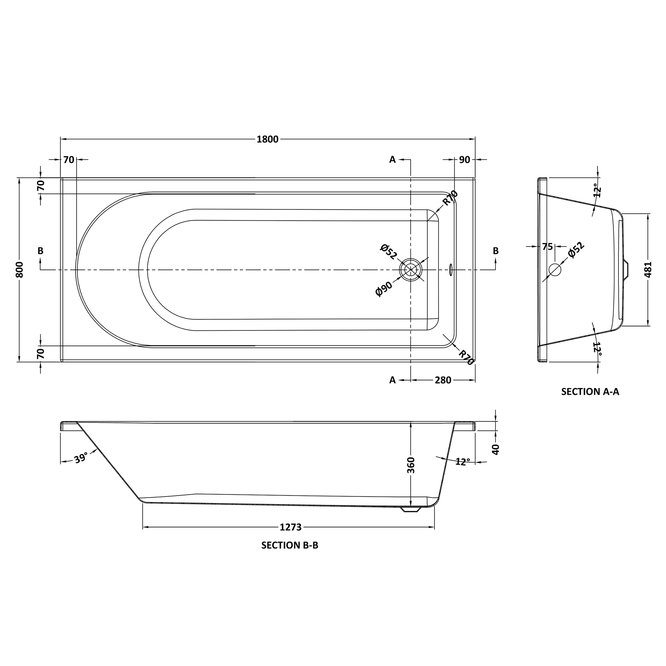 Drench Straight Single Ended Bath - Curved