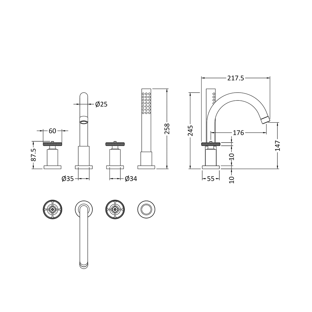 Hudson Reed Revolution Industrial 4 Hole Bath Shower Mixer & Kit