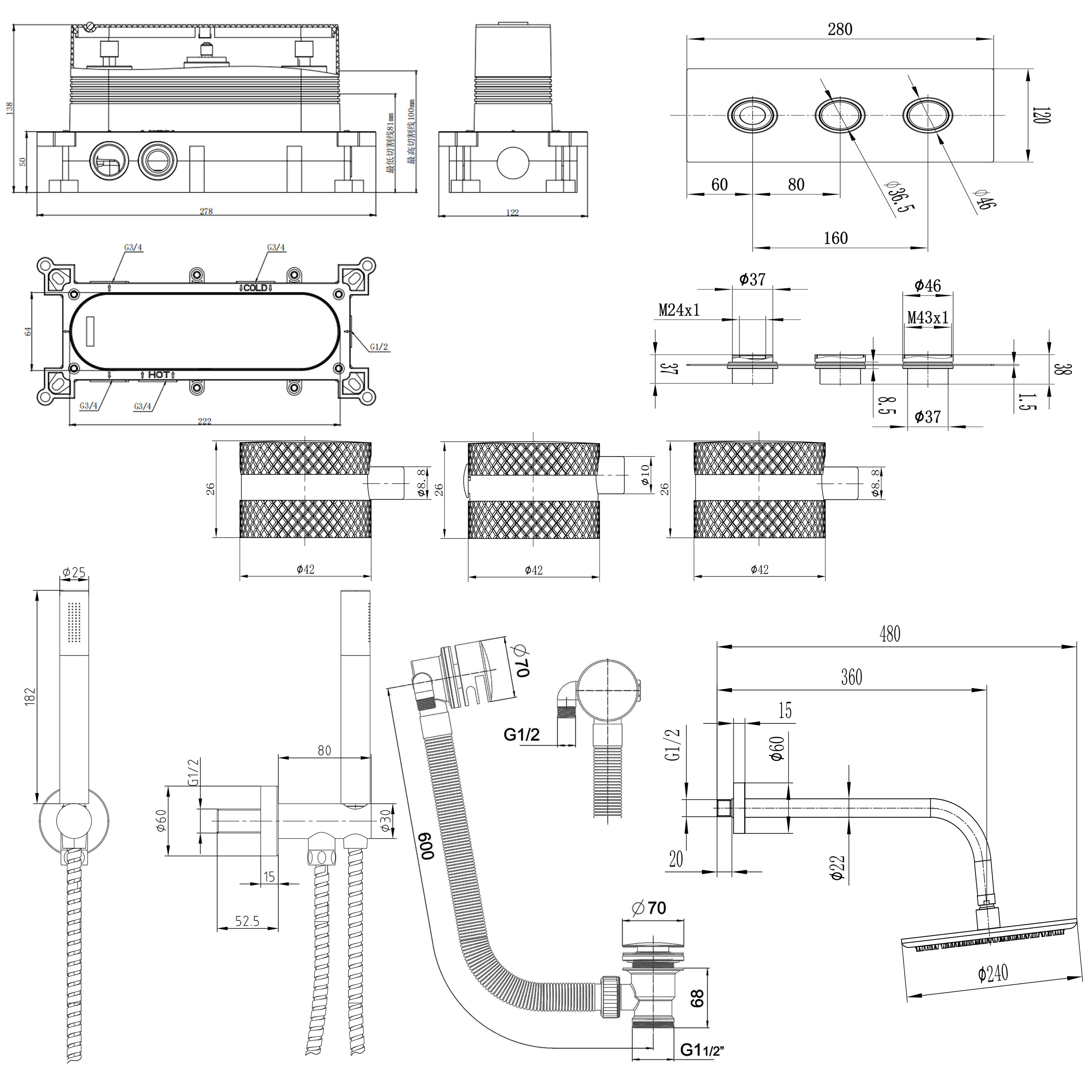 Core Shower Package with 3 Outlet Valve, Fixed Shower Head, Kit & Overflow Bath Filler