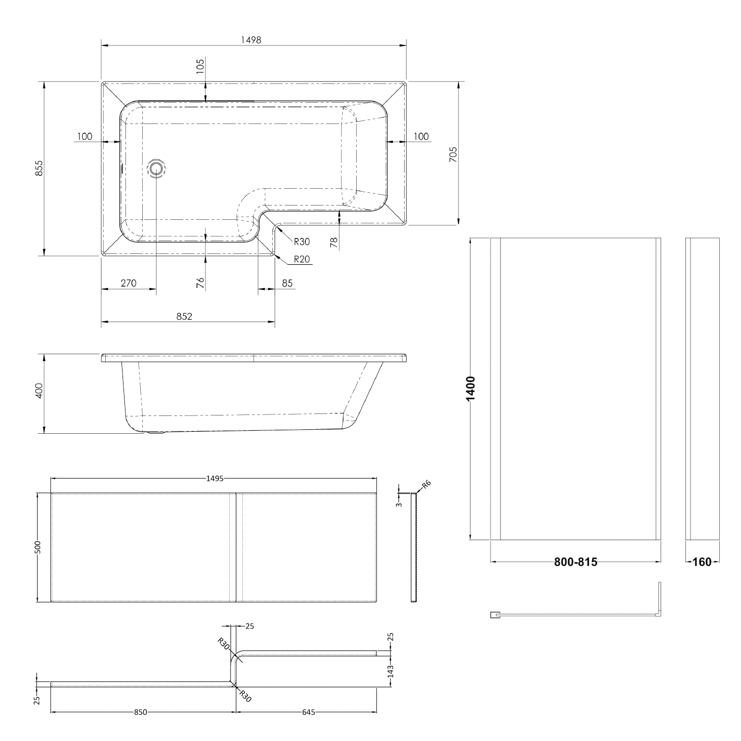 Drench L Shaped Shower Bath with Brushed Brass Shower Screen & Panel - 1500mm