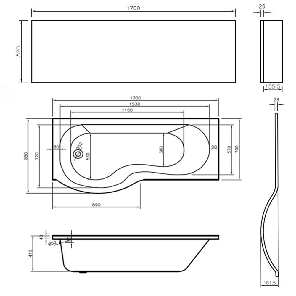 Jonathan P-Shaped Shower Bath with Screen & Front Panel - 1700 x 850mm