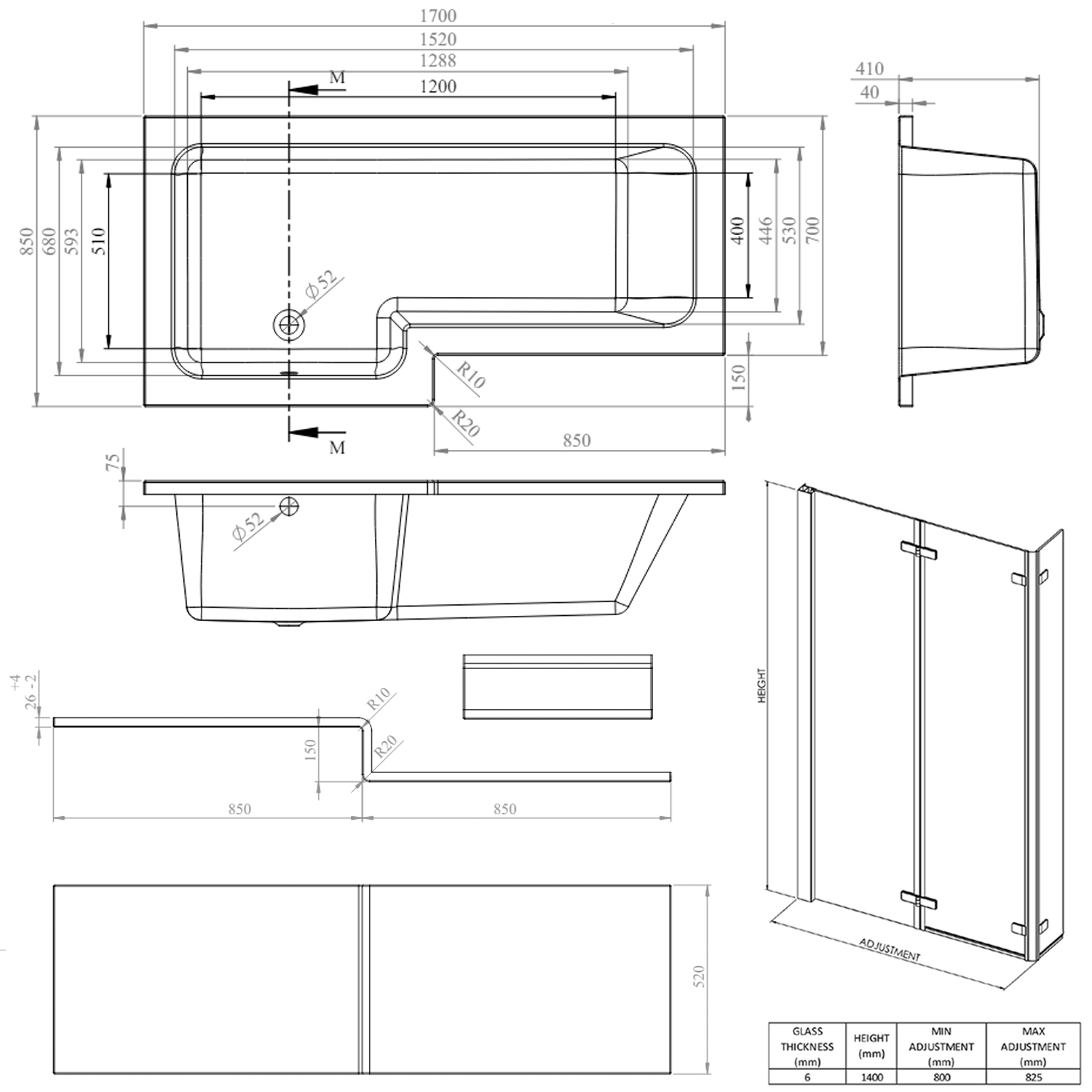 Armourcast Reinforced L Shape Single Ended Bath with Panel & Shower Screen - 1700 x 700