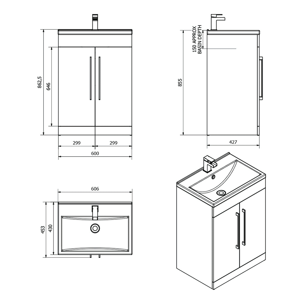 Vellamo Aspire 600mm Floorstanding 2 Door Vanity Unit & Basin - Black Ash