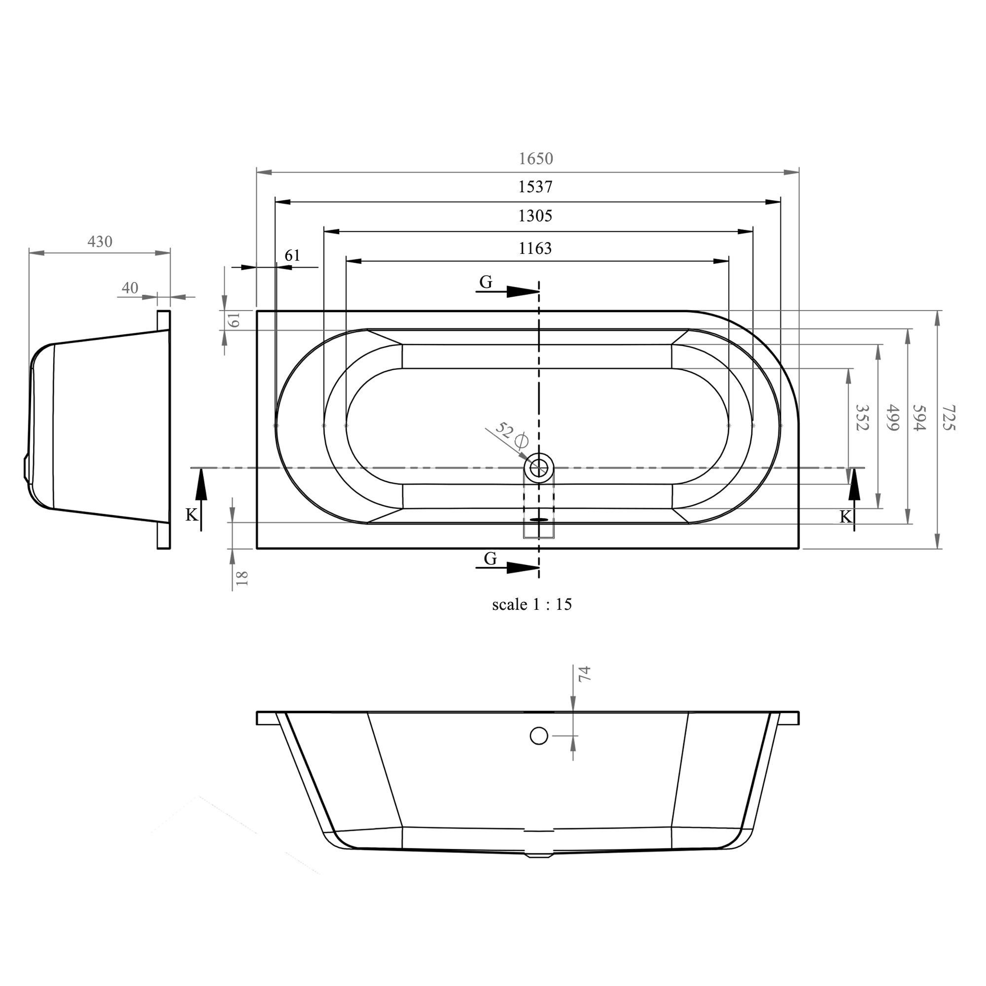 Drench J Shaped Double Ended Corner Bath & Front Panel - 1650 x 725mm
