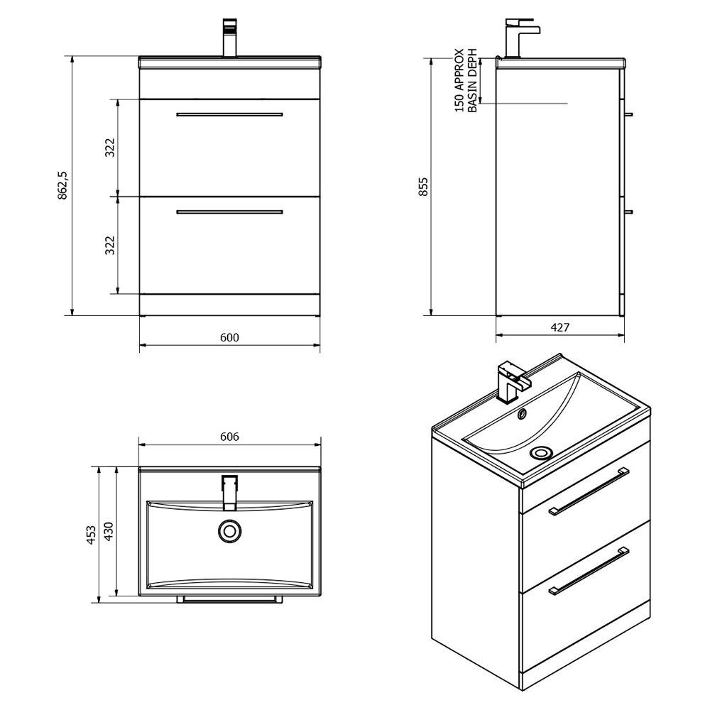 Vellamo Aspire 600mm Floorstanding 2 Drawer Vanity Unit & Basin - Black Ash