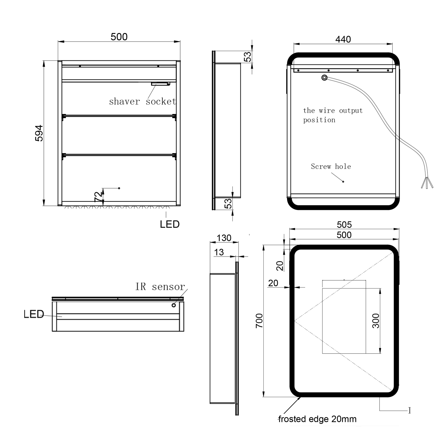 Harbour Design LED Mirrored Cabinet with Demister Pad & Shaver Socket - 500 x 700mm