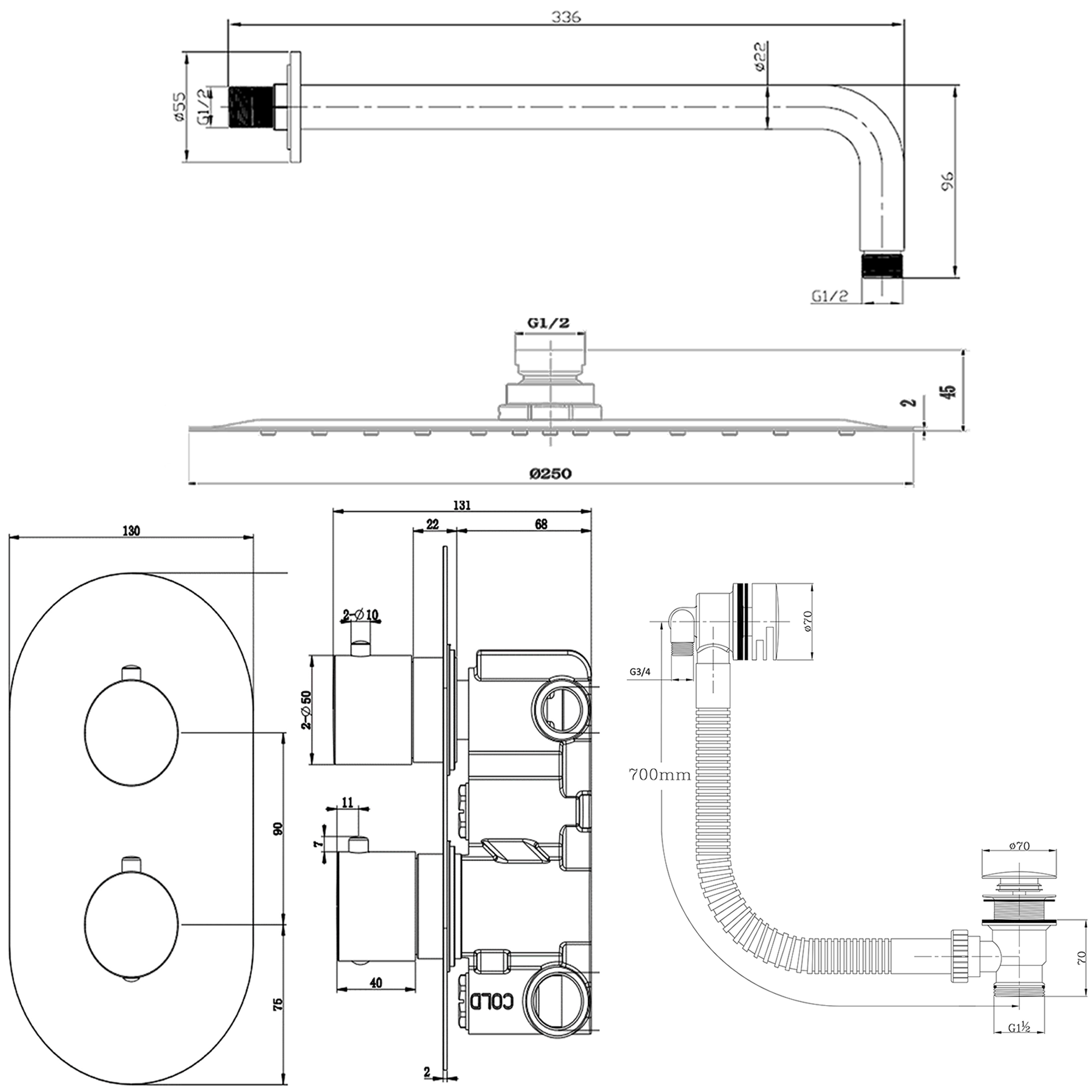 Harbour Clarity Matt Black Concealed Shower Valve, Fixed Wall Mounted Head and Overflow Bath Filler