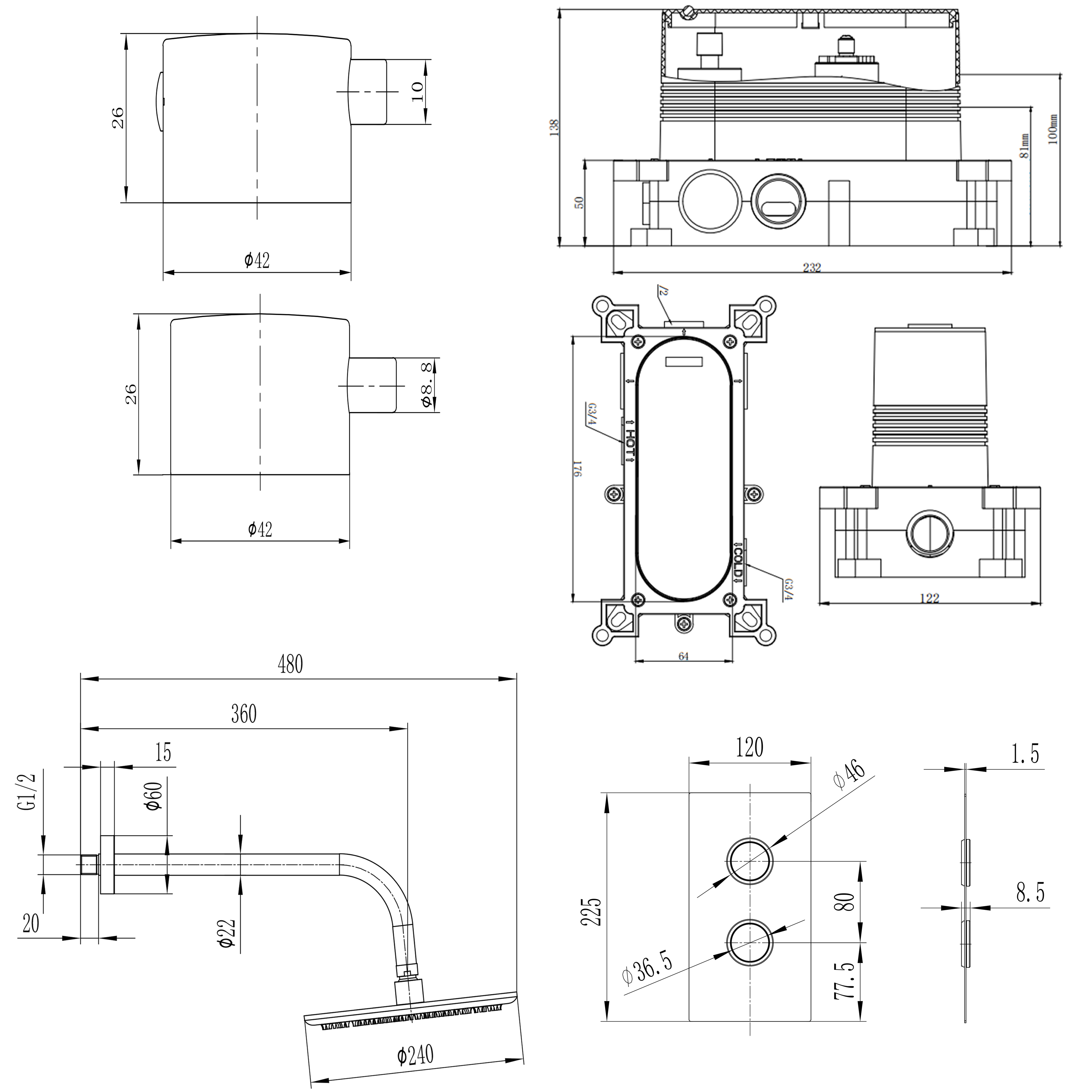 Core 1 Outlet Concealed Shower Valve & Wall Mounted Fixed Shower Head