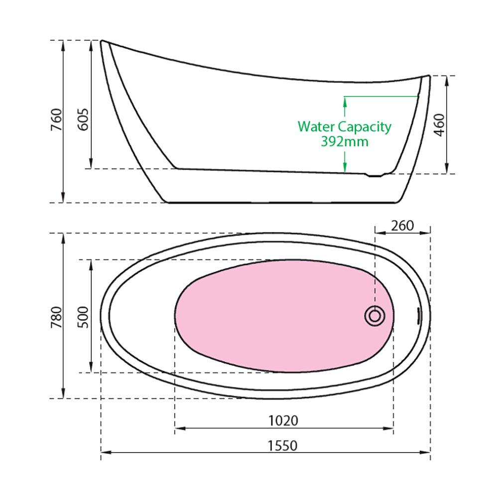 Charlotte Edwards Proteus White Freestanding Bath - 1550 x 780mm