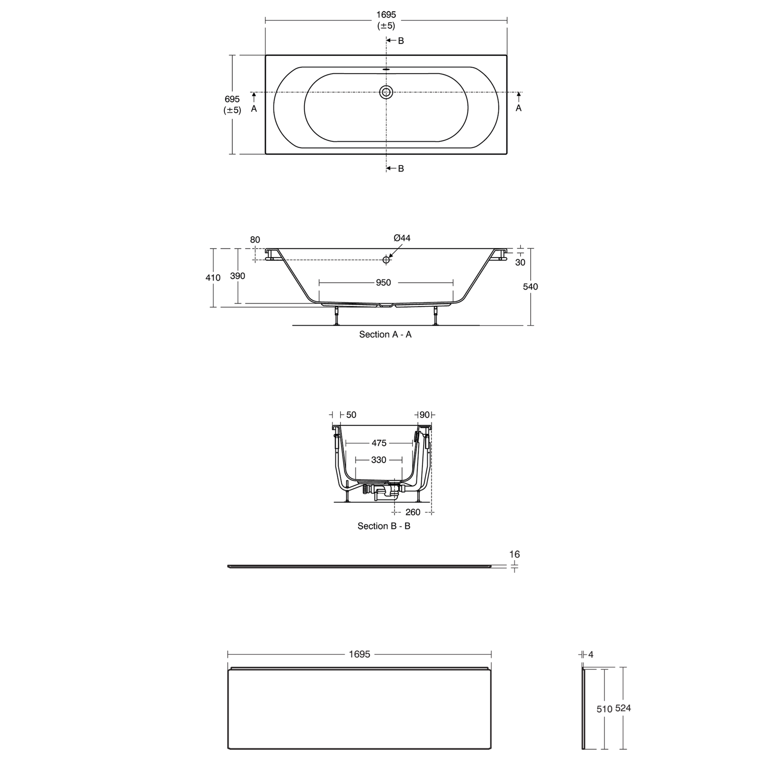 Ideal Standard Tesi Idealform Straight Single Ended Bath & Panel - 1600 & 1700 x 700mm