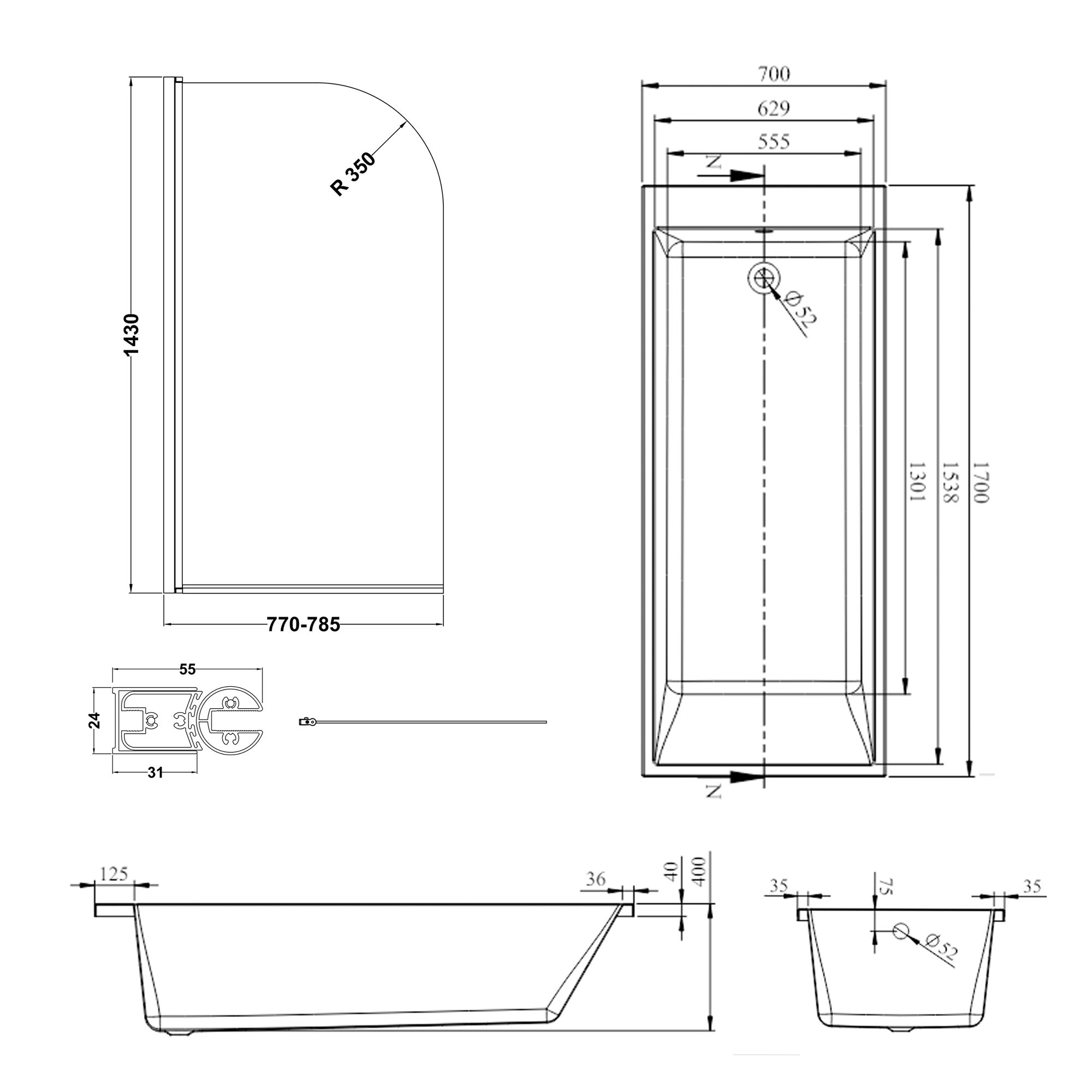 Armourcast Reinforced Slim Edge Square Single Ended Bath with Shower Screen - 1700mm