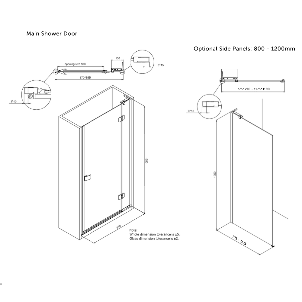 Crosswater Design+ Matt Black 6/8mm Easy Clean Hinged Shower Door with Inline & Optional Side Panel