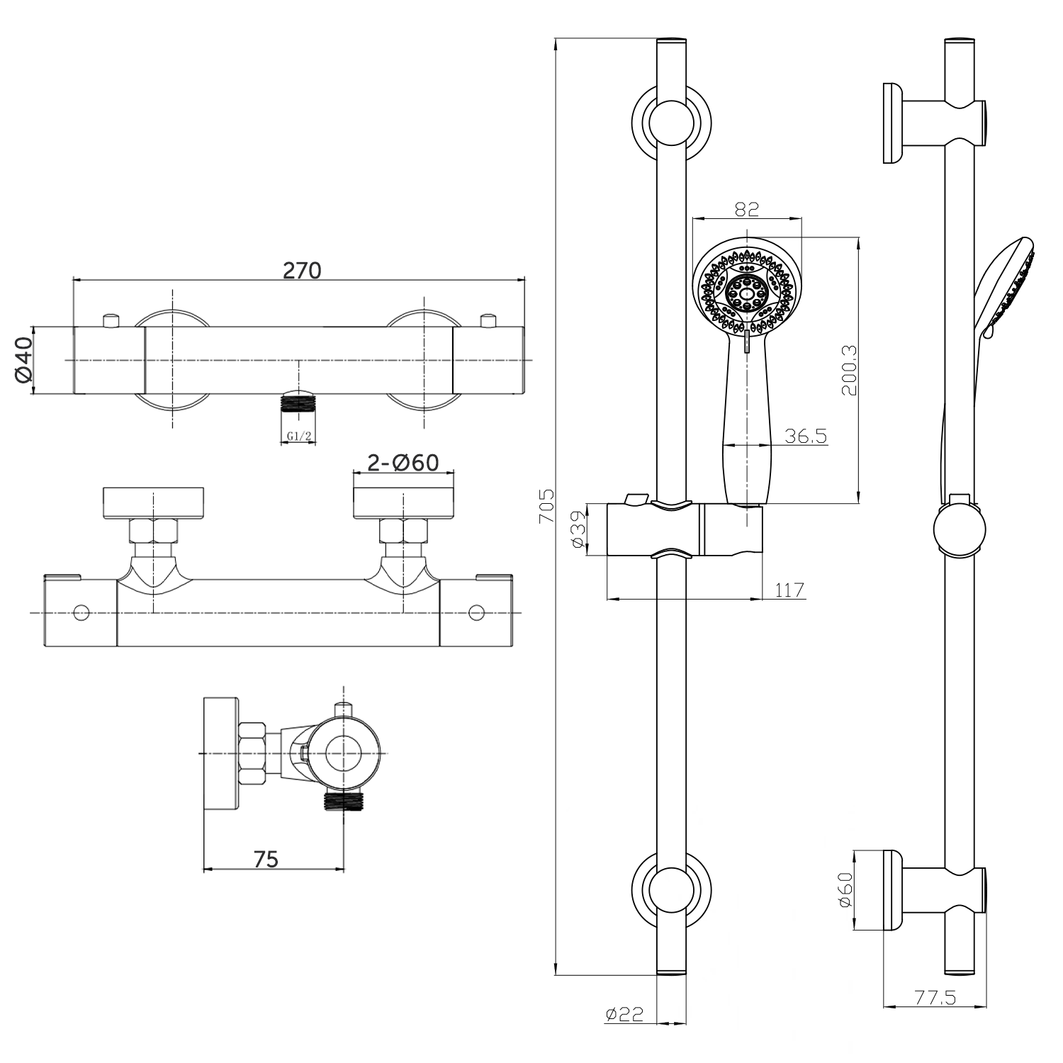 Eloise Exposed Thermostatic Bar Shower Valve & Slide Rail Kit