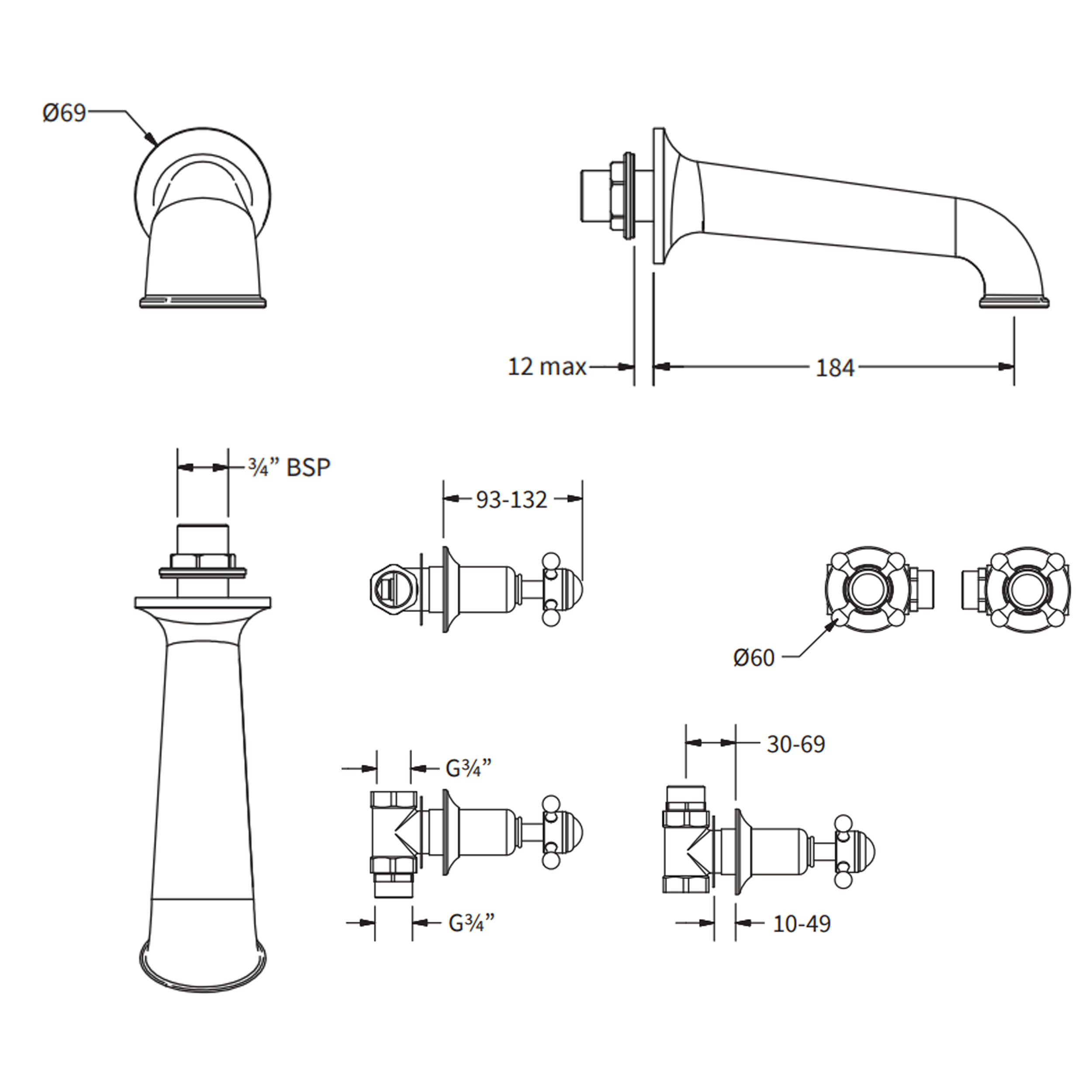 Crosswater Belgravia Wall Mounted Bath Spout with Crosshead Valves