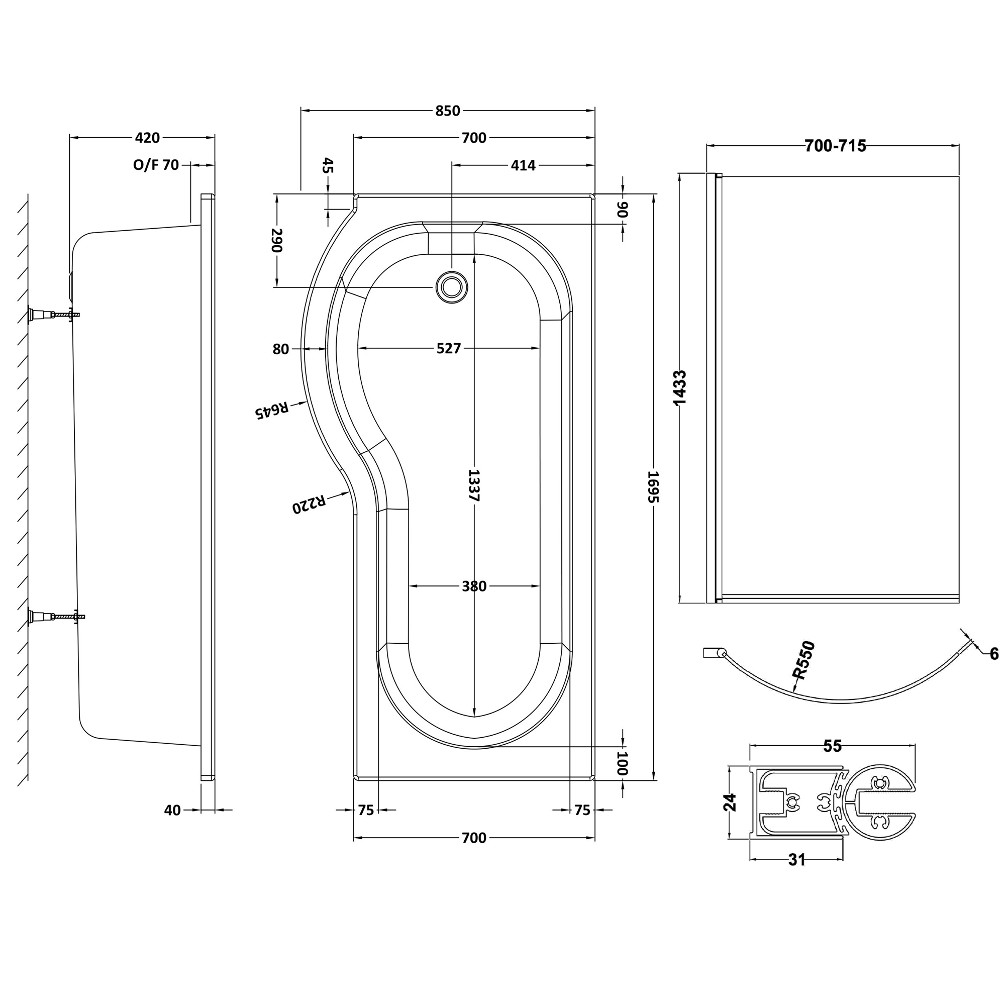Drench P Shaped Shower Bath with Front Panel and Shower Screen - 1700mm