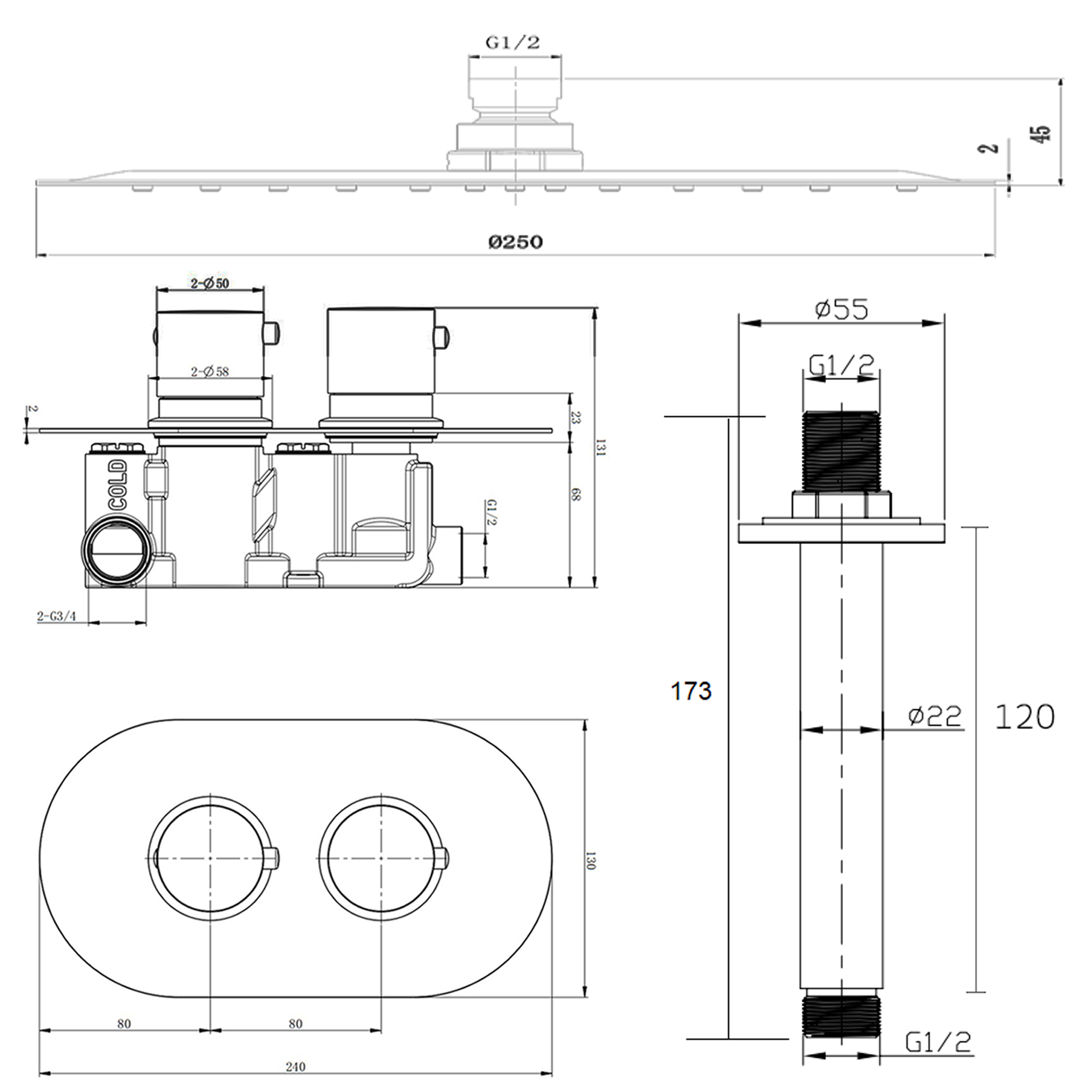 Harbour Clarity Brushed Bronze Concealed Shower Valve, Fixed Ceiling Mounted Shower Arm & Head