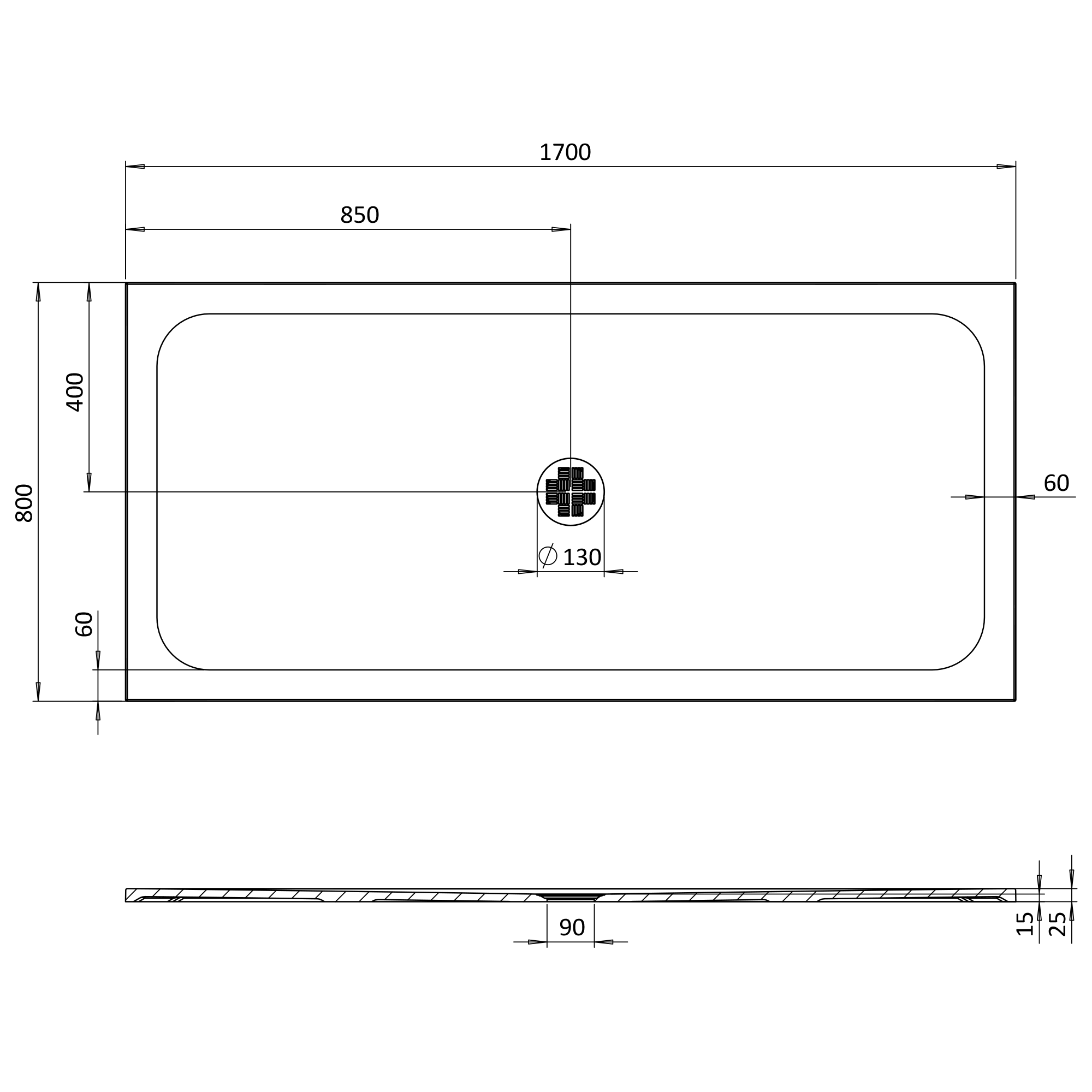 Crosswater Creo 25mm Dolomite Stone Resin Rectangular Shower Tray with Central Waste Position
