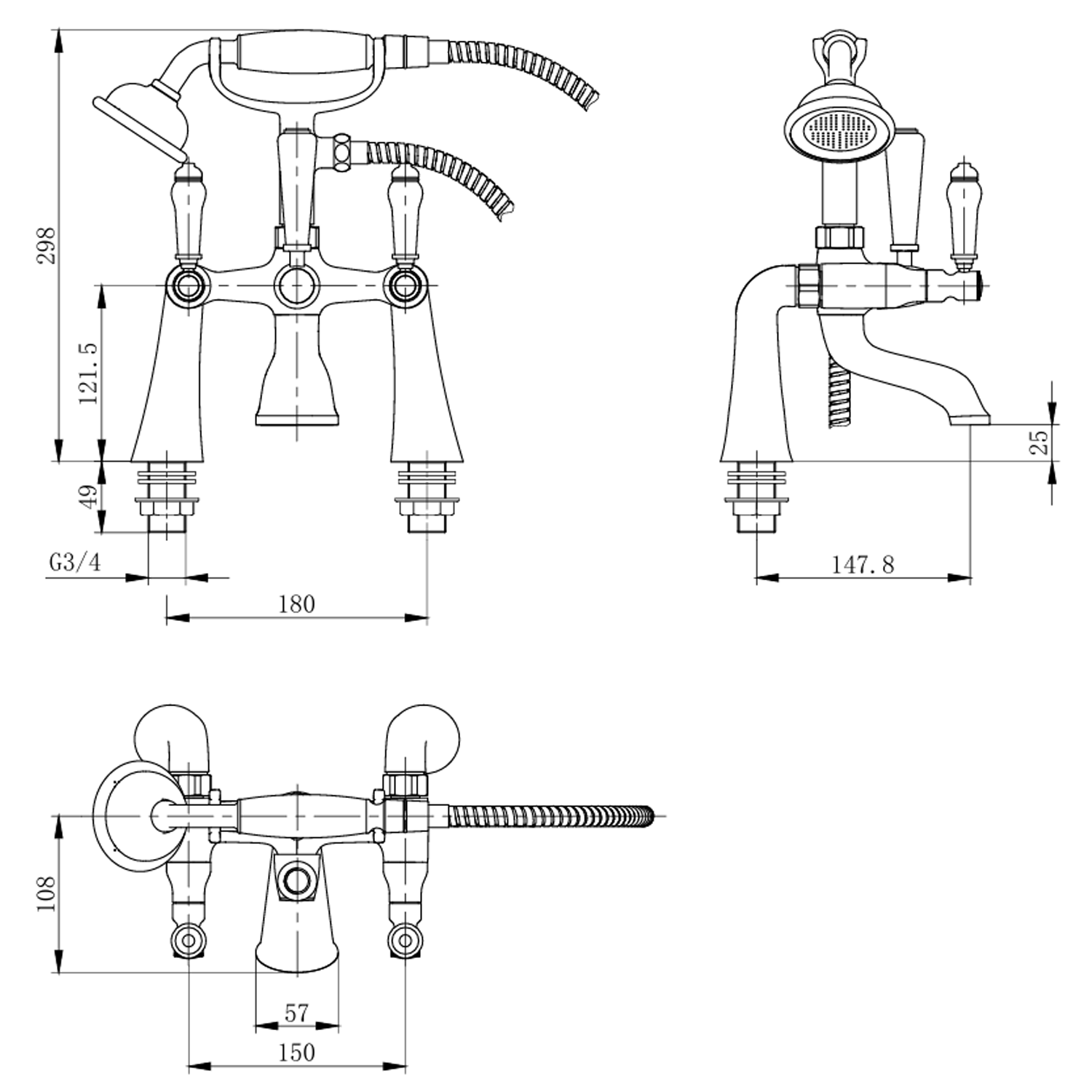 Butler & Rose Eliza Lever Deck Mounted Bath Shower Mixer Tap