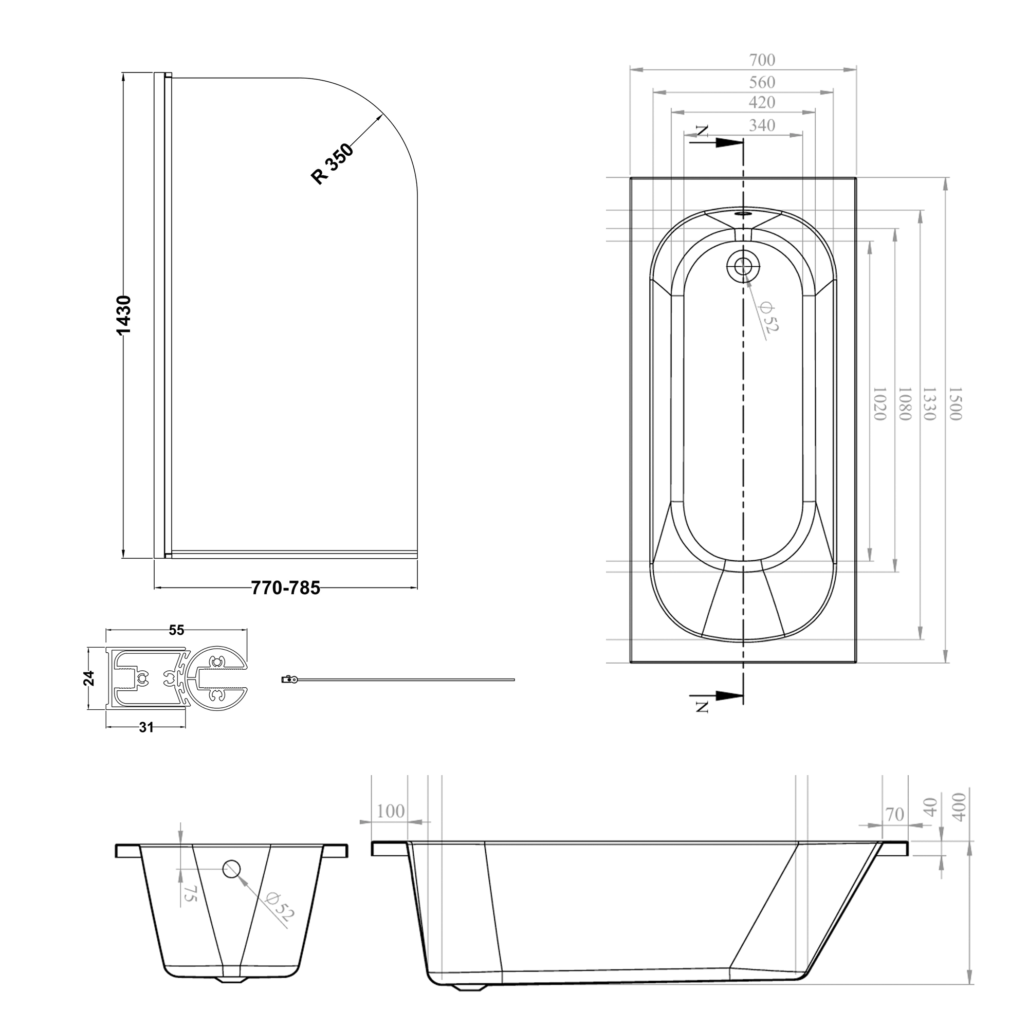 Armourcast Reinforced Single Ended Shower Bath & Shower Screen
