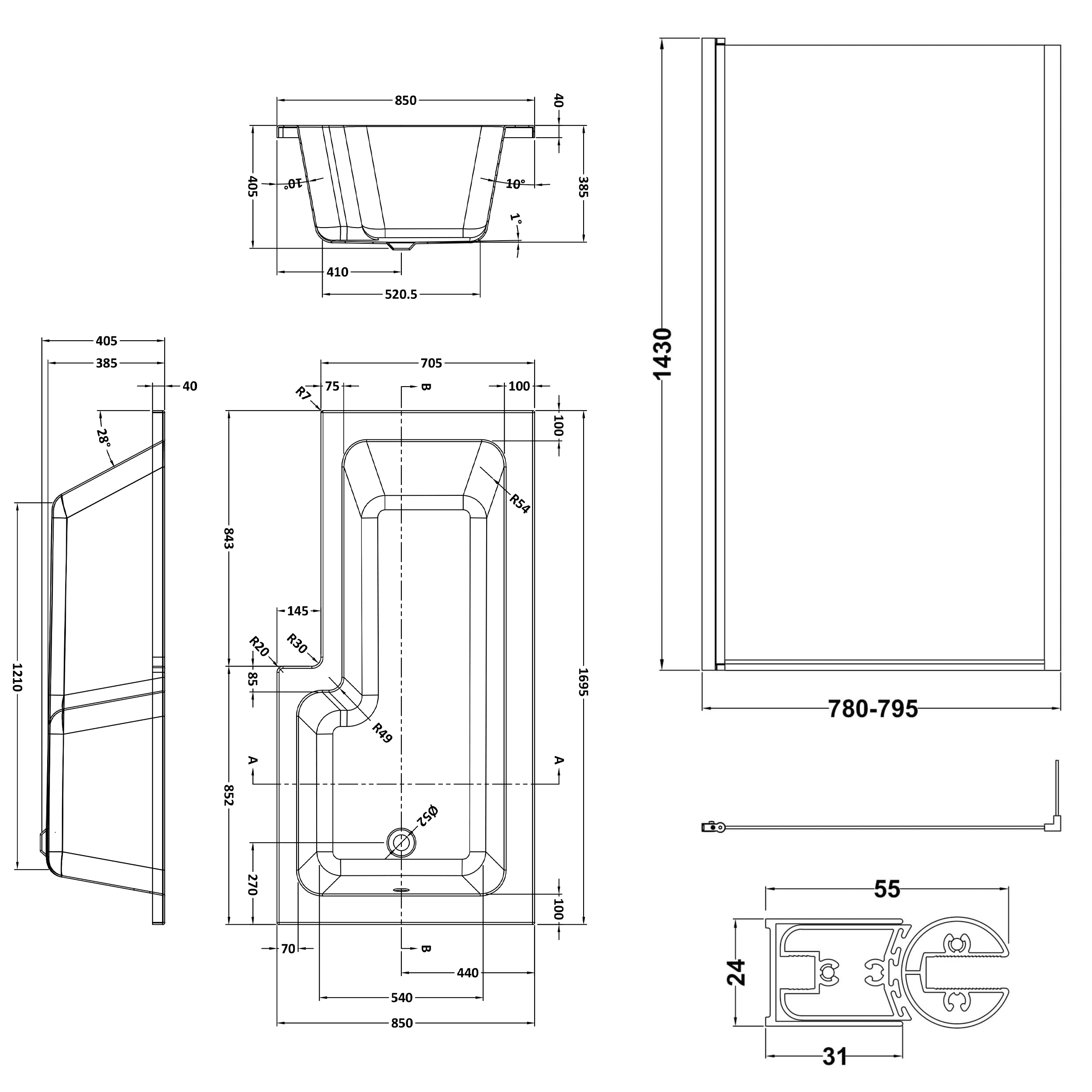 Drench L Shaped Shower Bath with Black Shower Screen & Panel - 1700mm