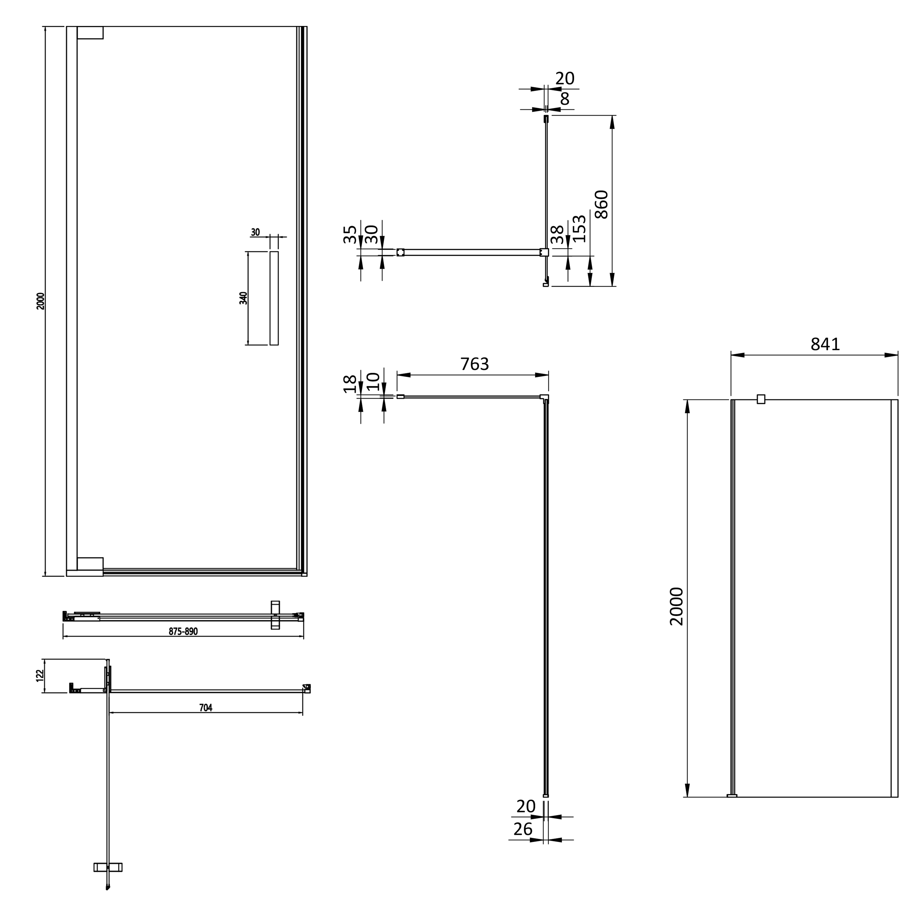 Crosswater Asura 8mm Brushed Brass Hinged Shower Door & Optional Side Panel