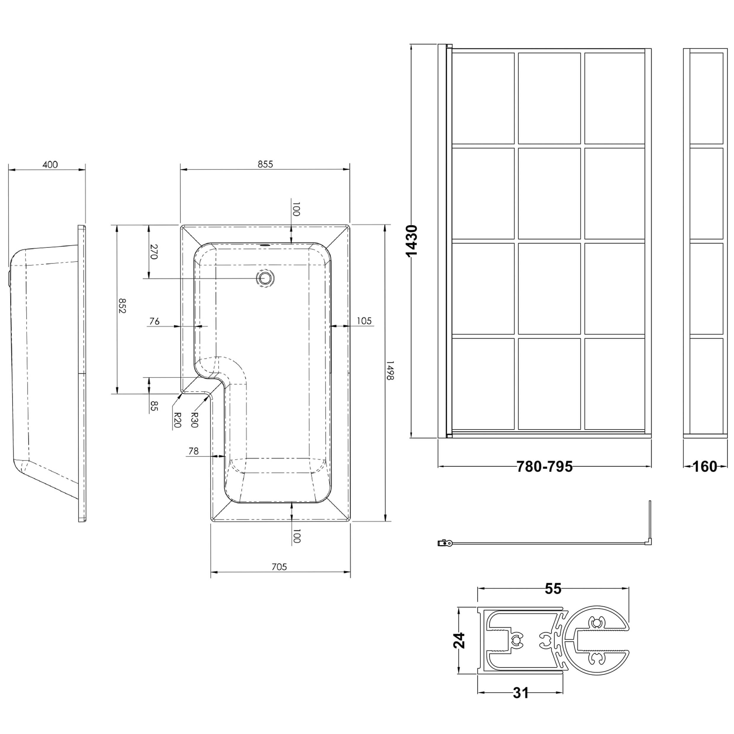 Drench L Shaped Shower Bath with Panel and Shower Screen - 1500mm